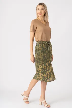 100% Silk long skirt with drawstring in Green Camo