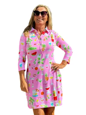 3/4 Sleeve Polo-Collar Dress with UPF50  Pink Happy Hour