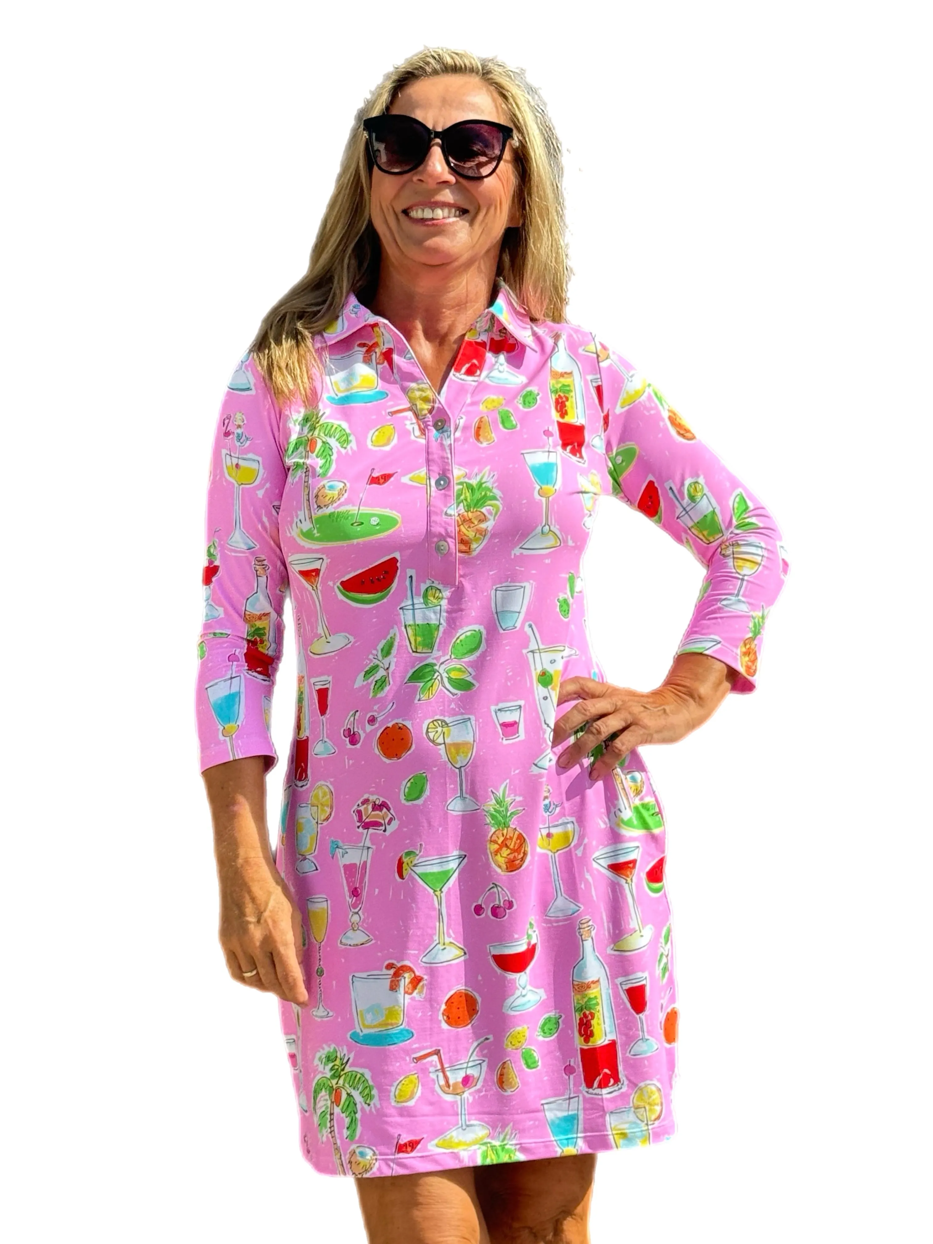 3/4 Sleeve Polo-Collar Dress with UPF50  Pink Happy Hour