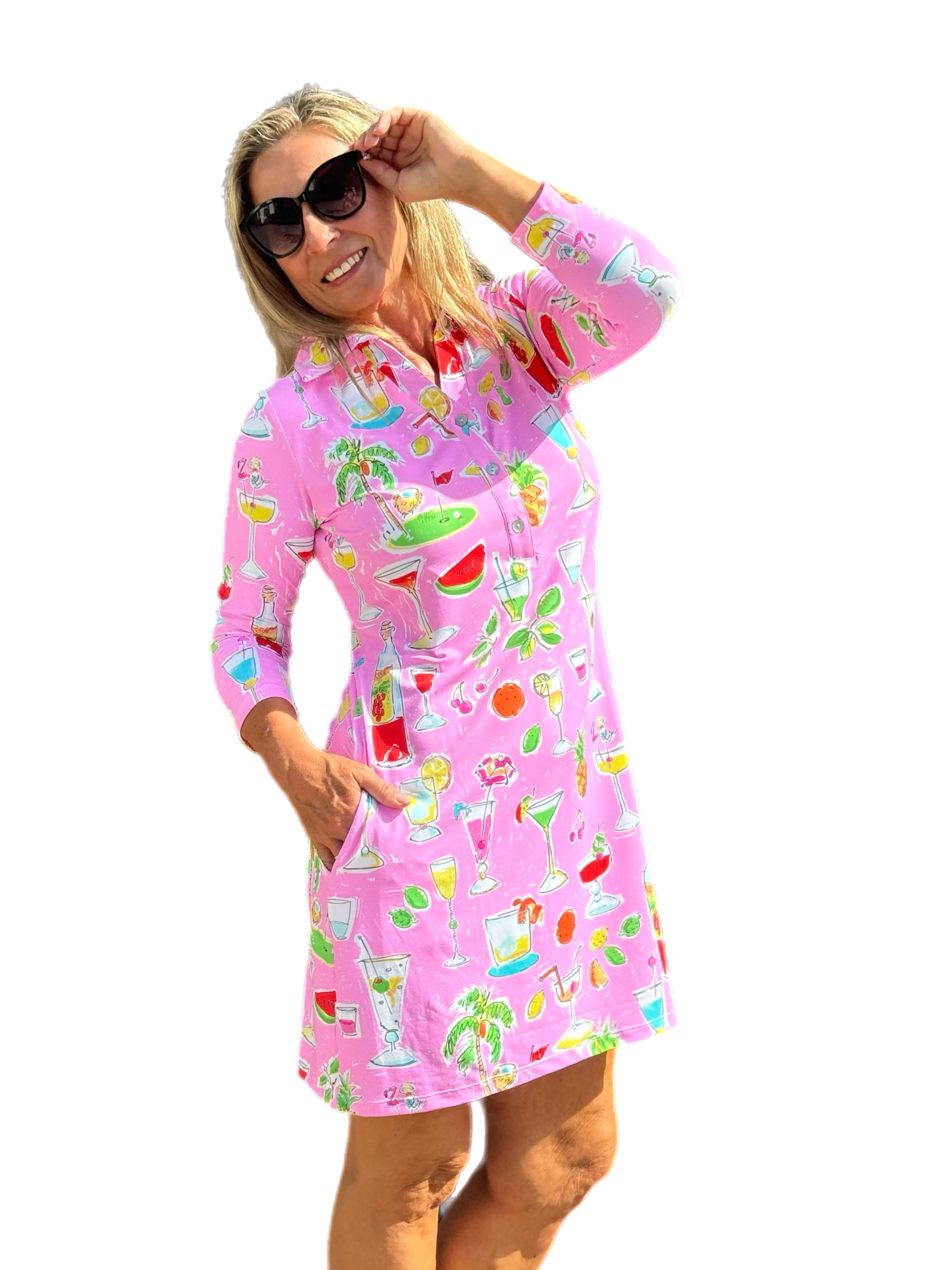 3/4 Sleeve Polo-Collar Dress with UPF50  Pink Happy Hour