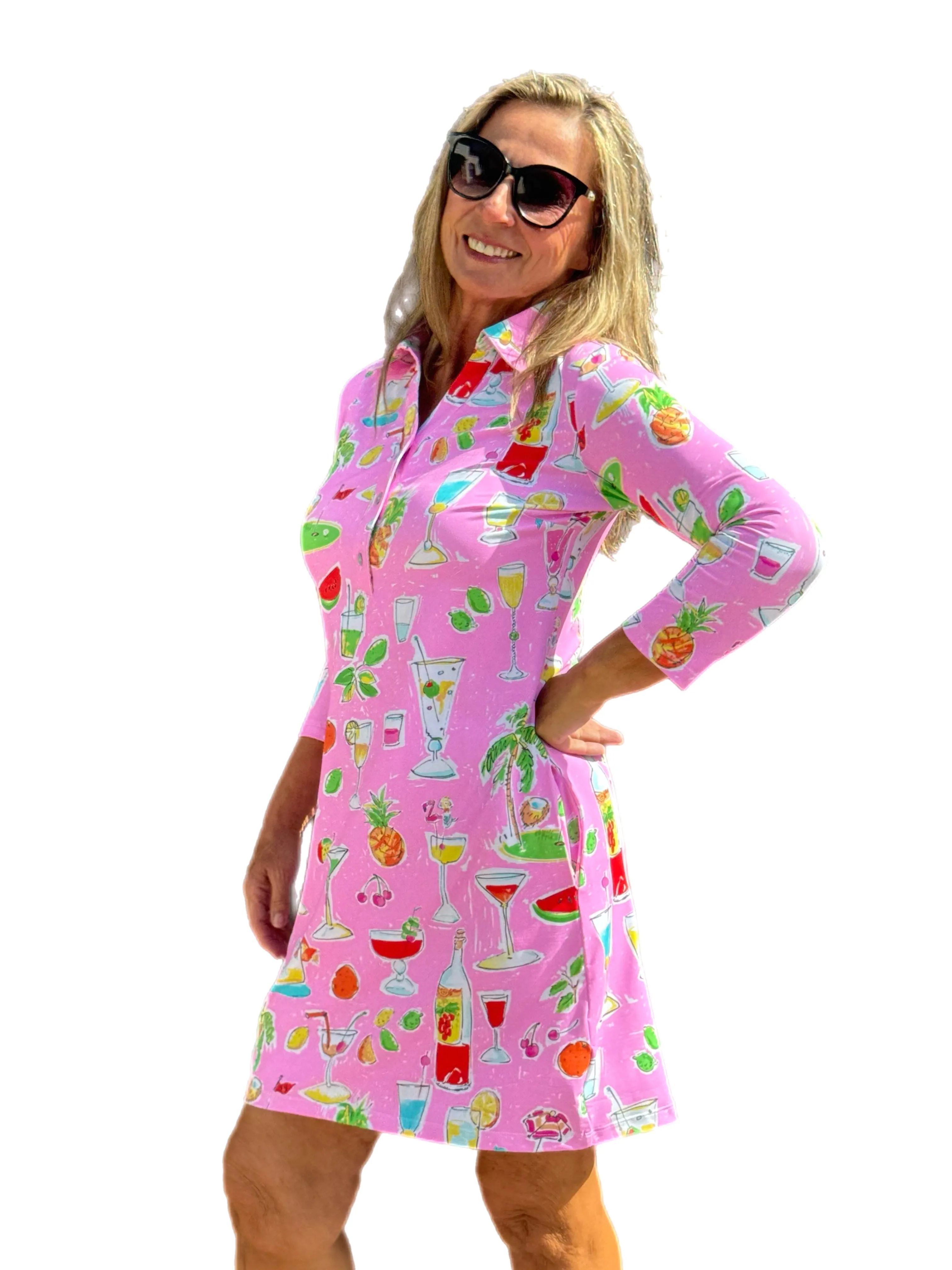 3/4 Sleeve Polo-Collar Dress with UPF50  Pink Happy Hour