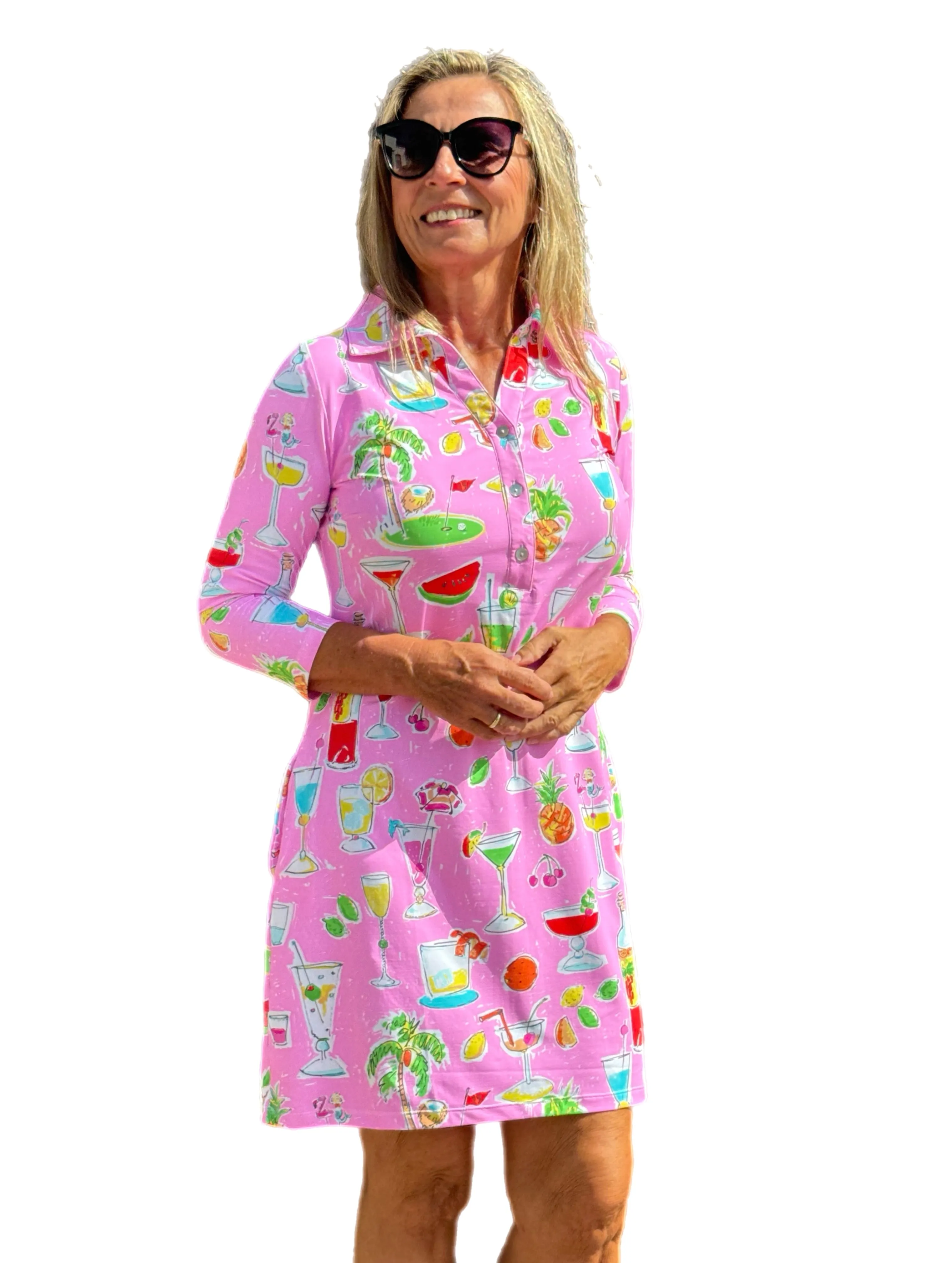 3/4 Sleeve Polo-Collar Dress with UPF50  Pink Happy Hour
