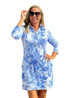 3/4 Sleeve Polo-Collar Dress with UPF50  Tropical Flowers Blue