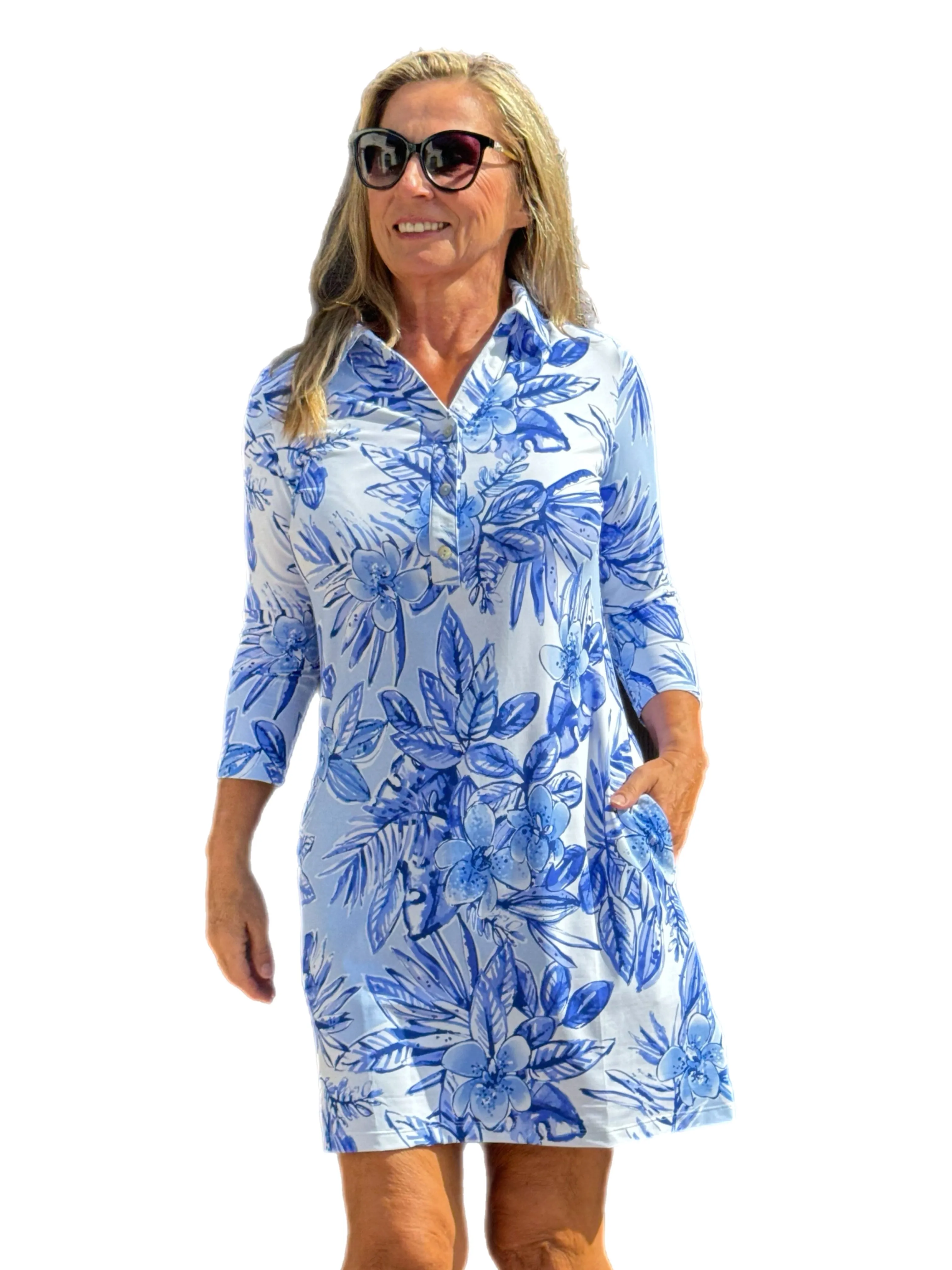 3/4 Sleeve Polo-Collar Dress with UPF50  Tropical Flowers Blue
