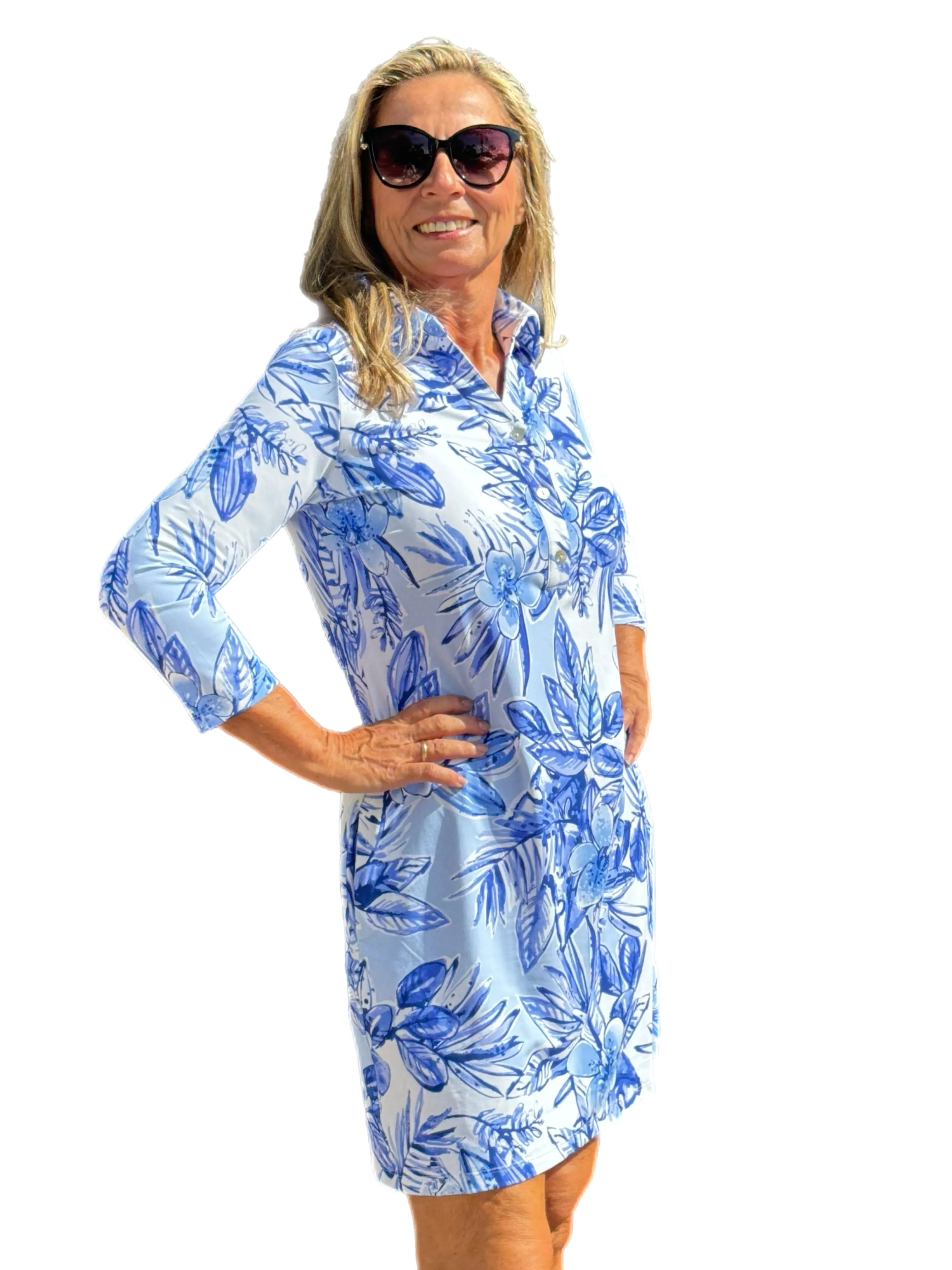 3/4 Sleeve Polo-Collar Dress with UPF50  Tropical Flowers Blue