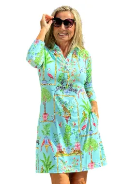 3/4 Sleeve Polo-Collar Dress with UPF50  Tropical Seafoam