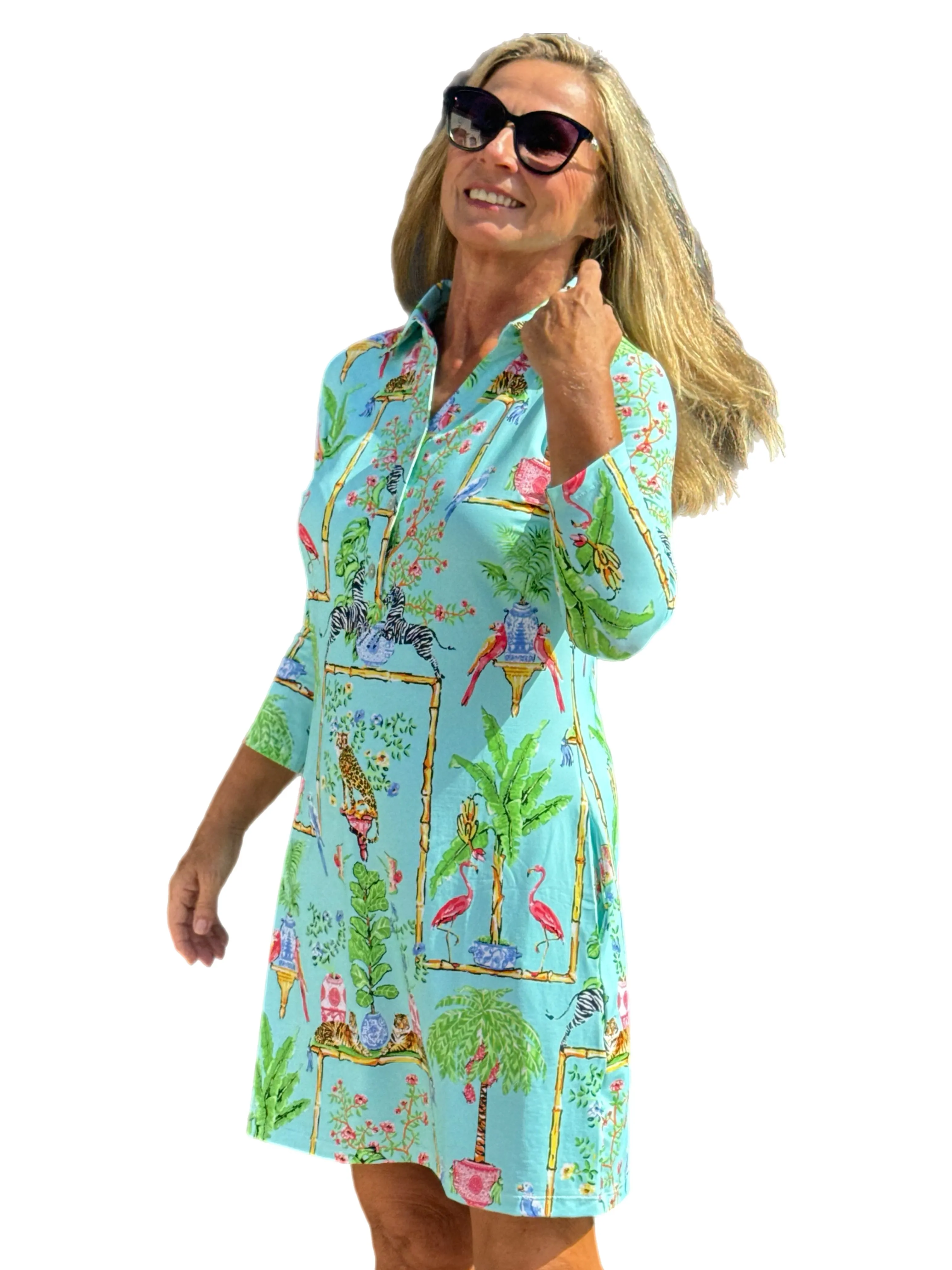 3/4 Sleeve Polo-Collar Dress with UPF50  Tropical Seafoam