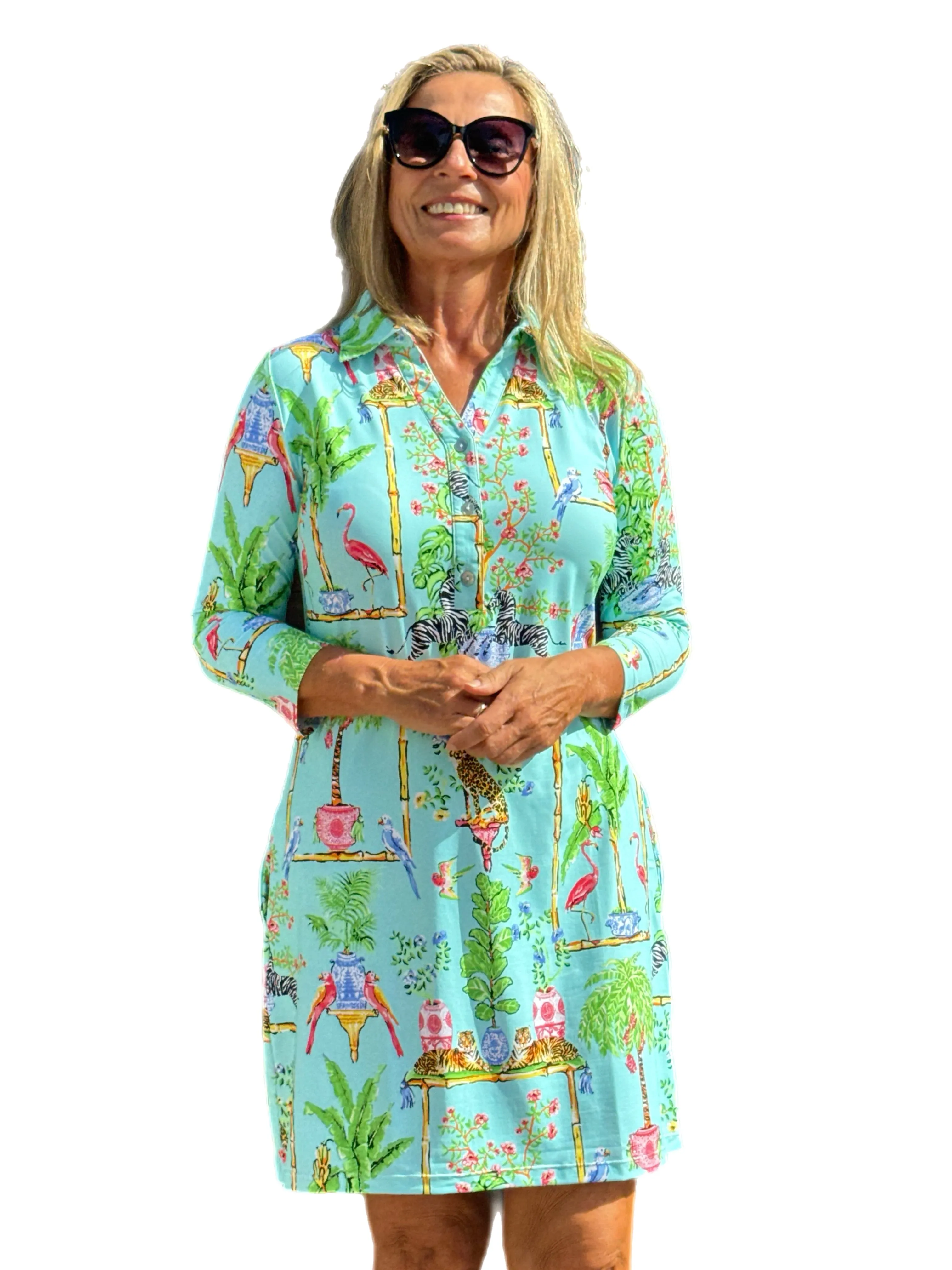 3/4 Sleeve Polo-Collar Dress with UPF50  Tropical Seafoam