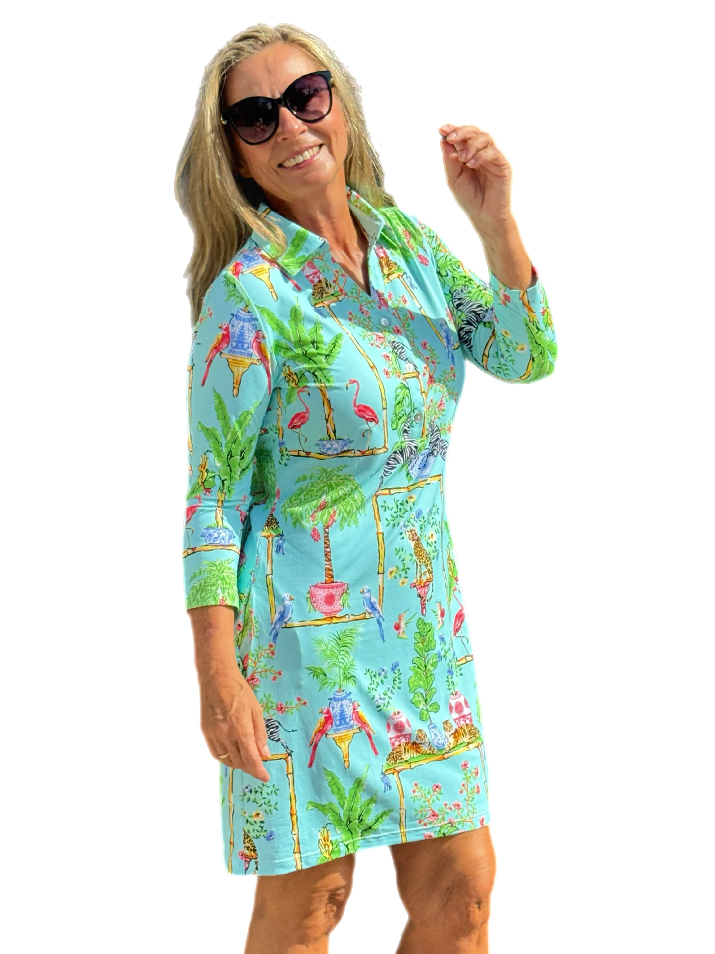 3/4 Sleeve Polo-Collar Dress with UPF50  Tropical Seafoam