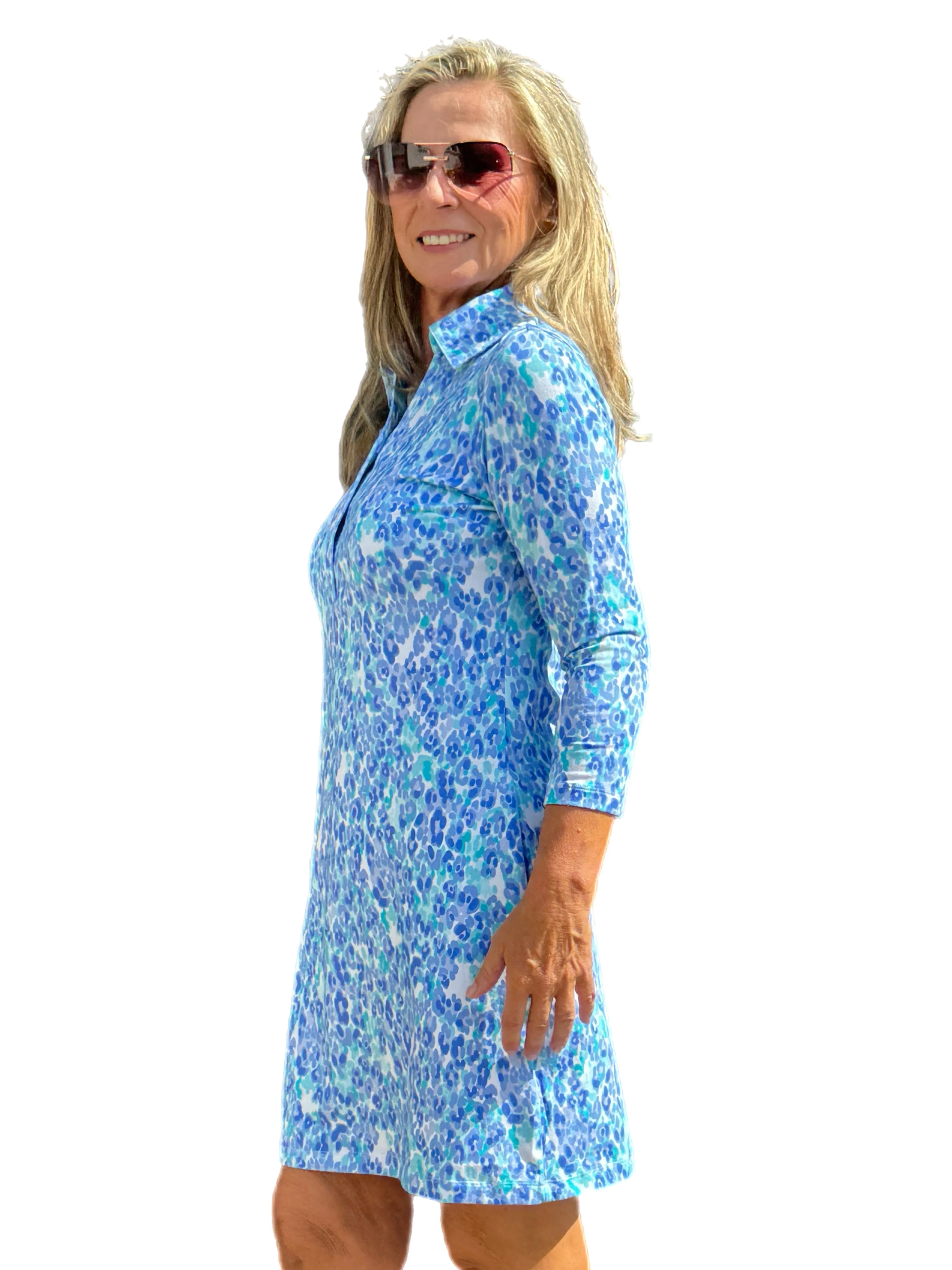 3/4 Sleeve V-Neck Polo COTTON Dress with UPF50  Kat Peri/Seafoam