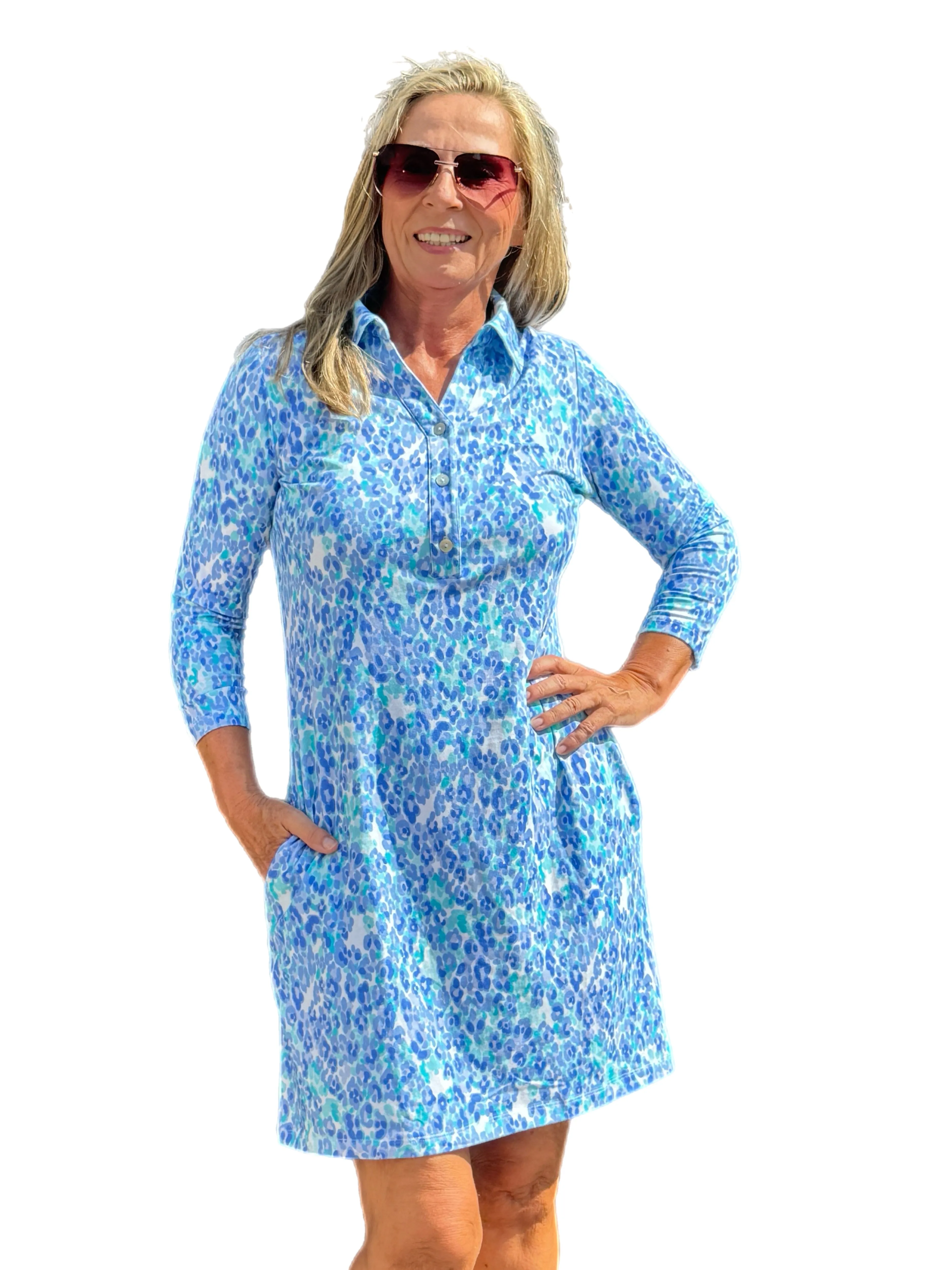 3/4 Sleeve V-Neck Polo COTTON Dress with UPF50  Kat Peri/Seafoam