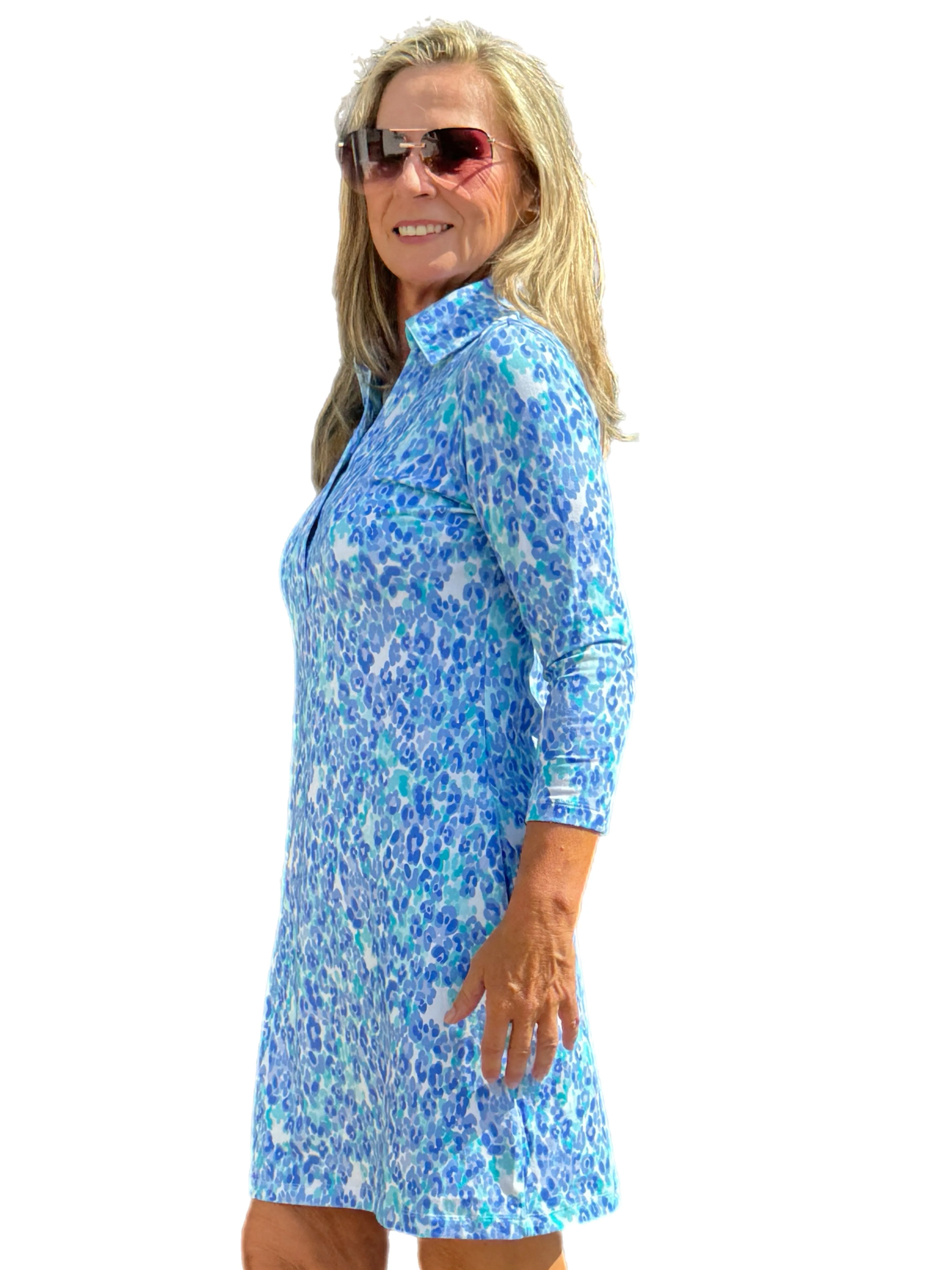 3/4 Sleeve V-Neck Polo COTTON Dress with UPF50  Kat Peri/Seafoam