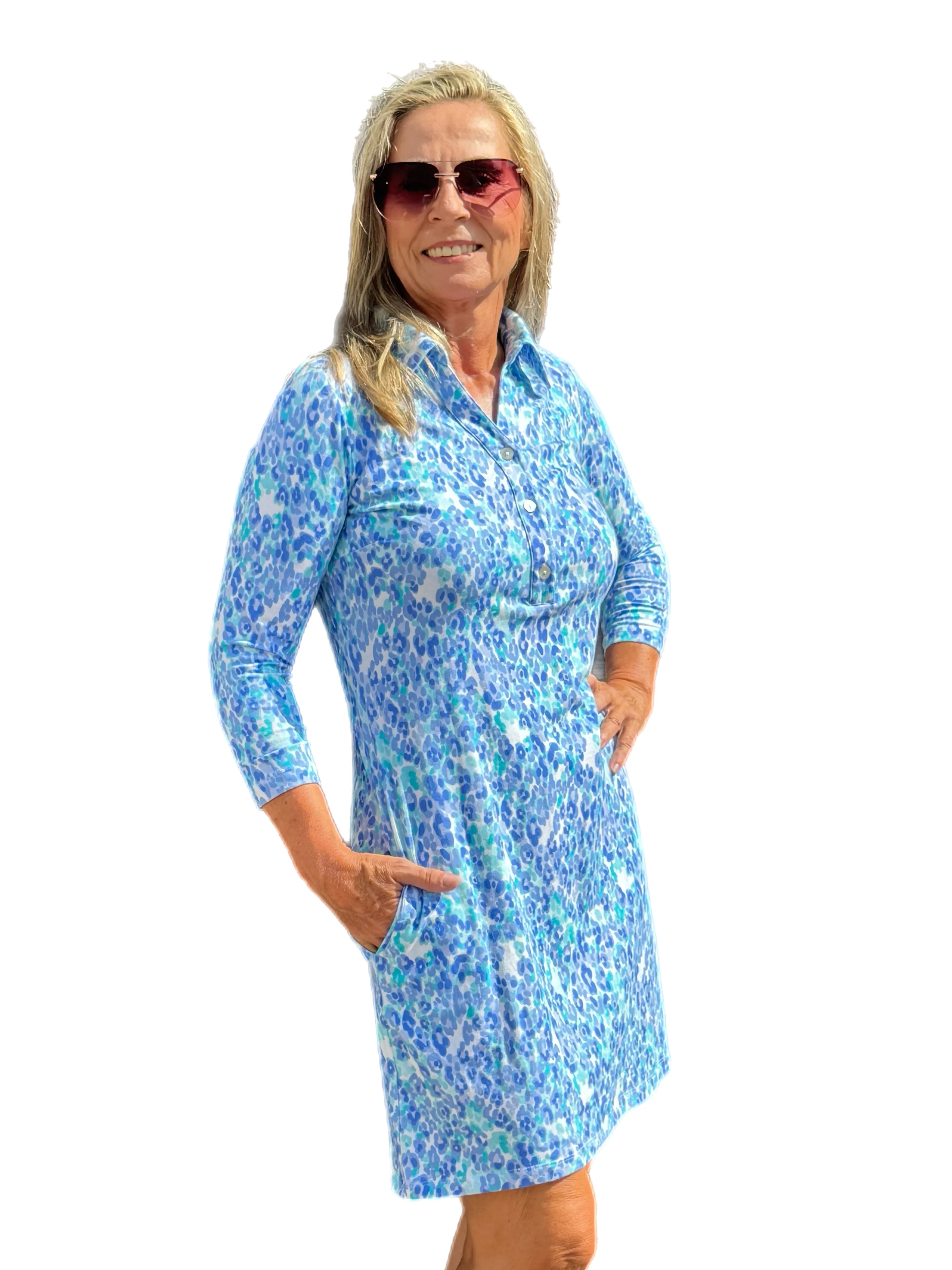 3/4 Sleeve V-Neck Polo COTTON Dress with UPF50  Kat Peri/Seafoam
