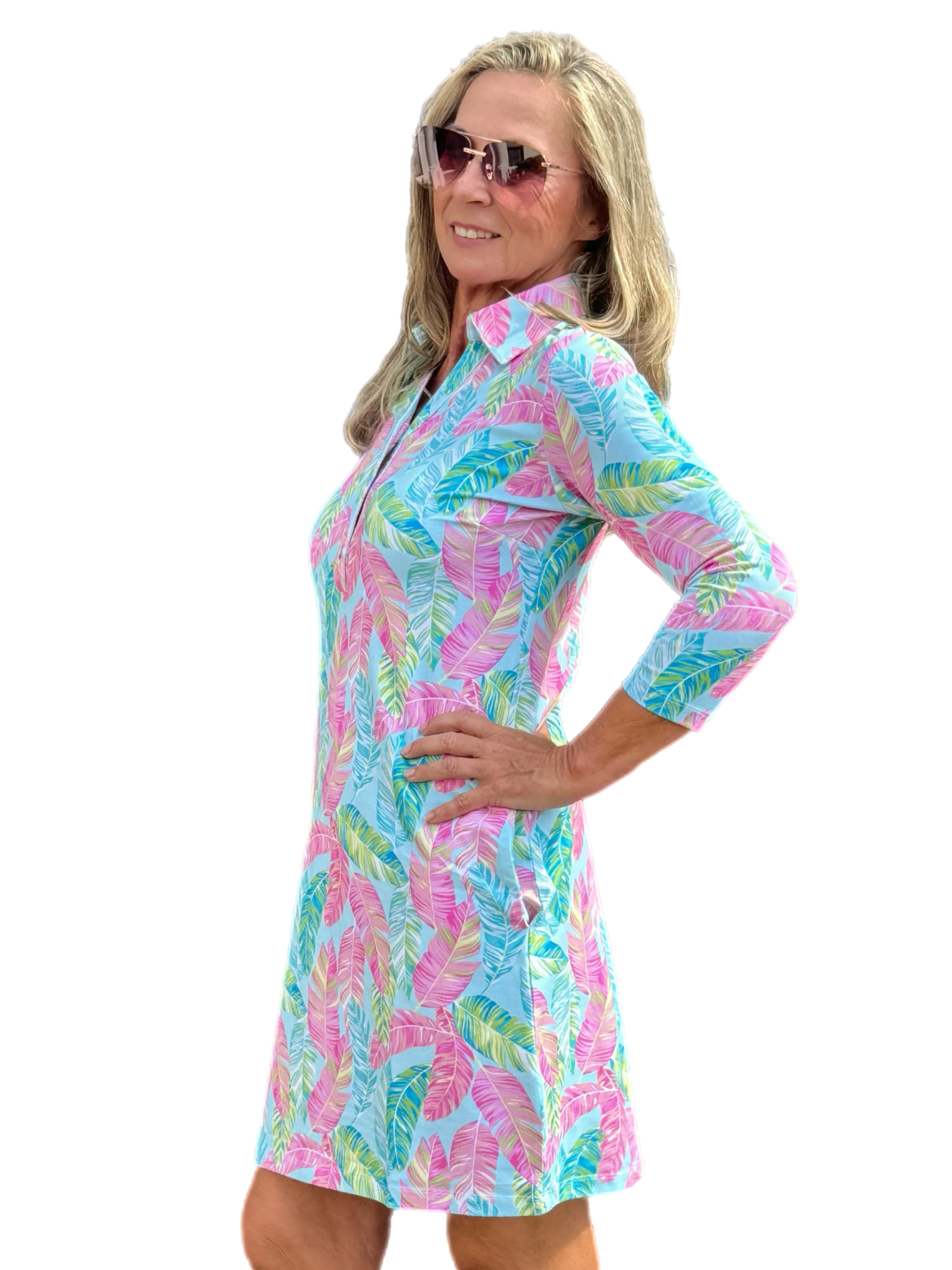 3/4 Sleeve V-Neck Polo COTTON Dress with UPF50  Palm Feather Seafoam/Multi