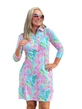 3/4 Sleeve V-Neck Polo COTTON Dress with UPF50  Palm Feather Seafoam/Multi