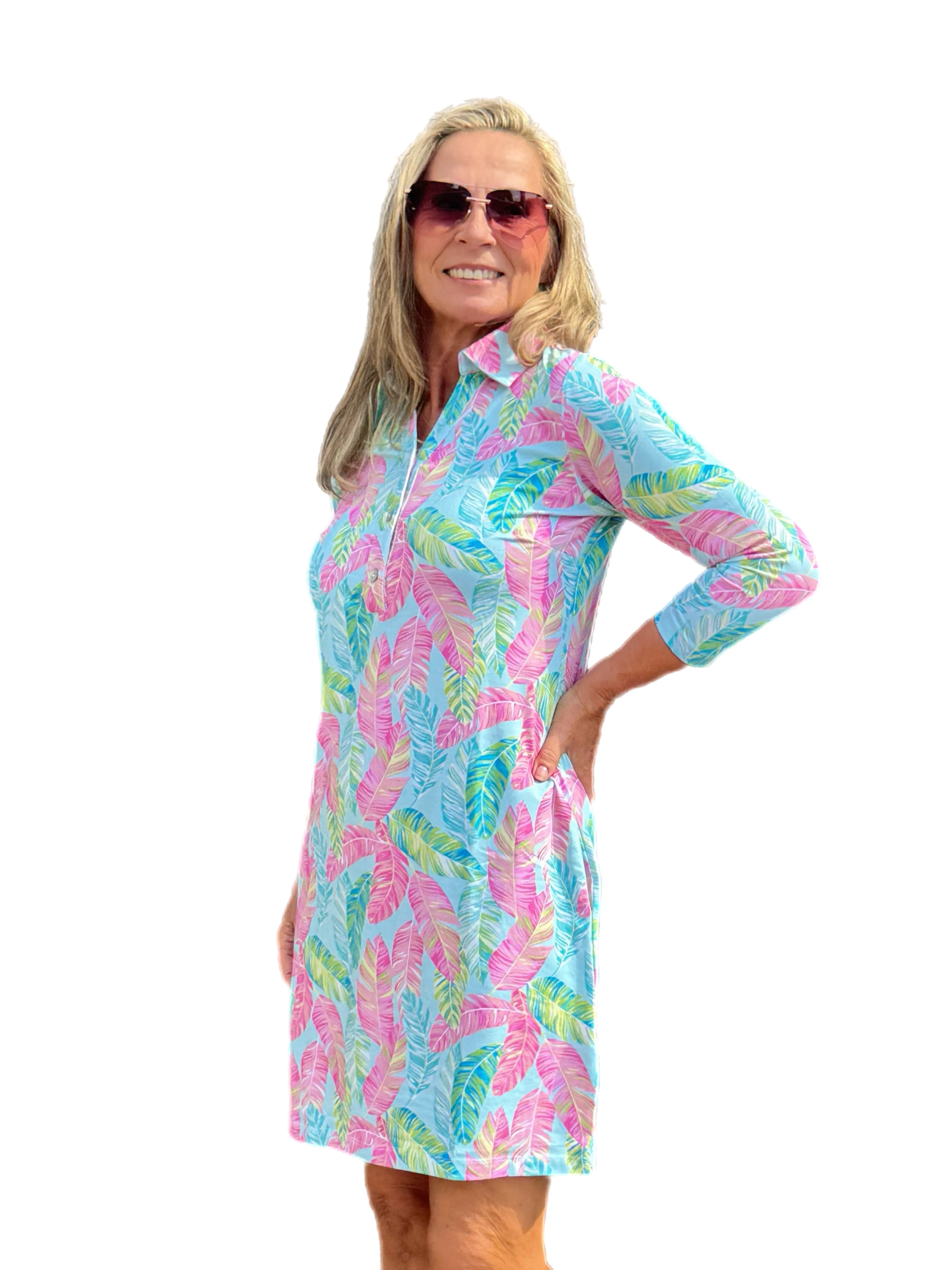 3/4 Sleeve V-Neck Polo COTTON Dress with UPF50  Palm Feather Seafoam/Multi