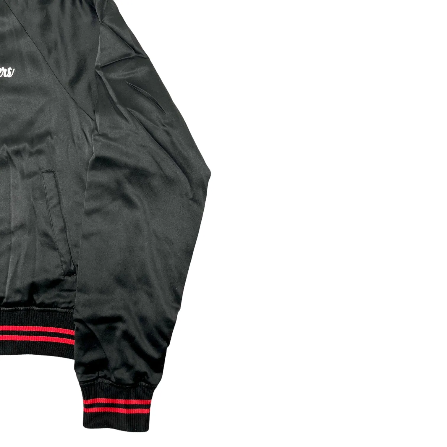 Amiri Fighters Logo Embroidered Satin Bomber Jacket Black Red Pre-Owned