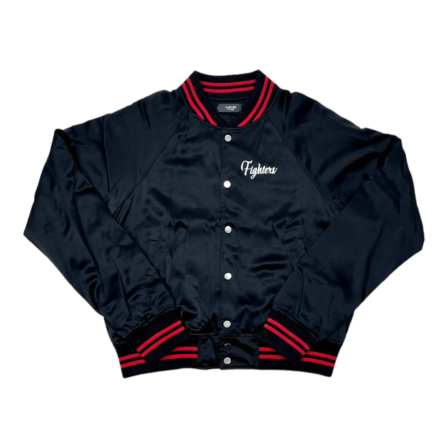 Amiri Fighters Logo Embroidered Satin Bomber Jacket Black Red Pre-Owned
