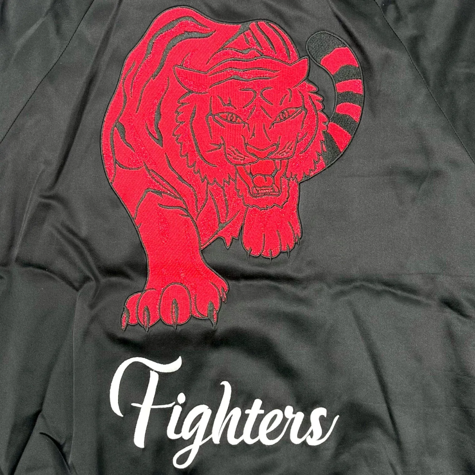 Amiri Fighters Logo Embroidered Satin Bomber Jacket Black Red Pre-Owned