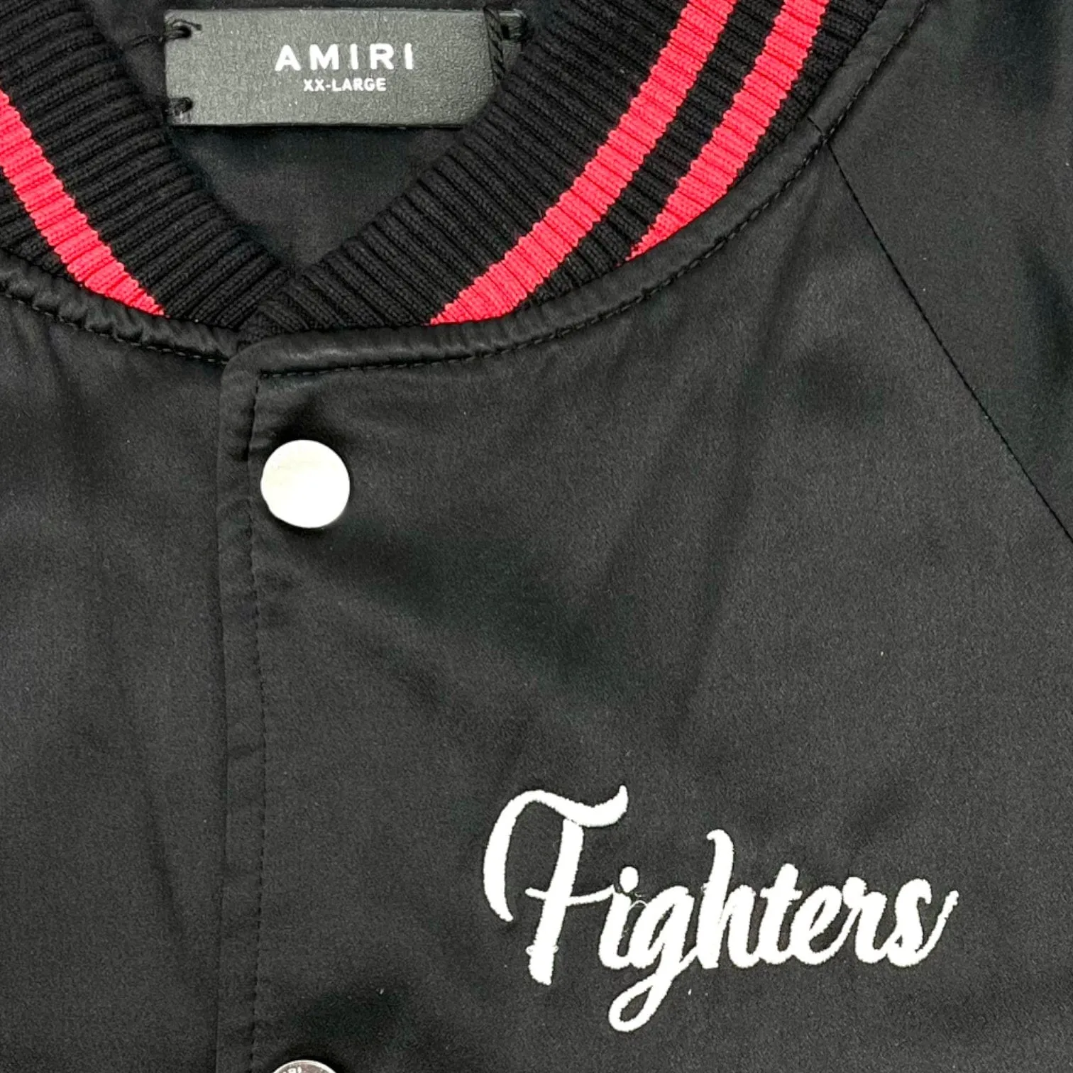 Amiri Fighters Logo Embroidered Satin Bomber Jacket Black Red Pre-Owned