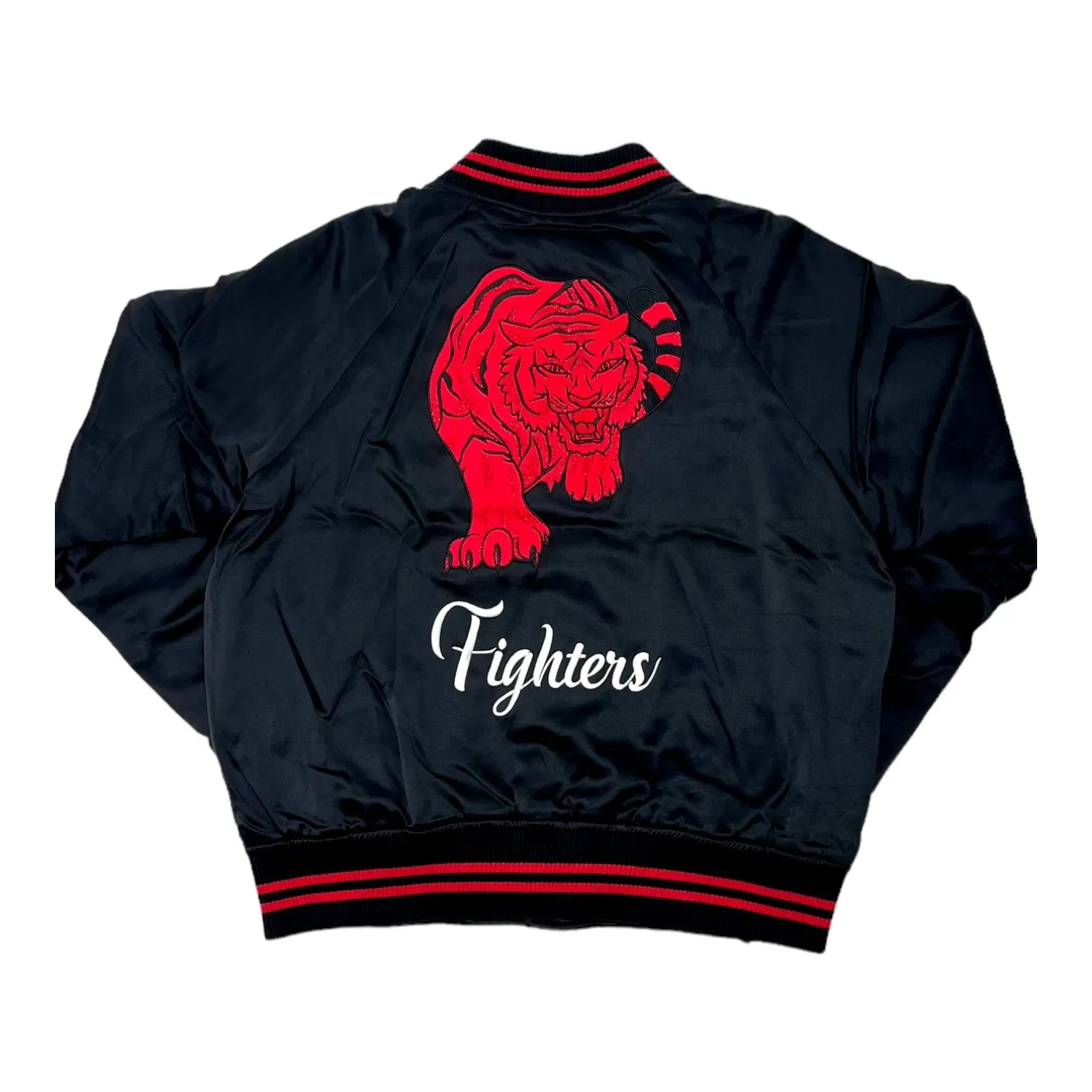 Amiri Fighters Logo Embroidered Satin Bomber Jacket Black Red Pre-Owned