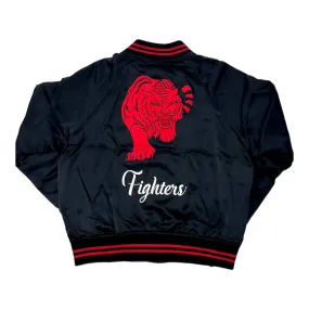 Amiri Fighters Logo Embroidered Satin Bomber Jacket Black Red Pre-Owned