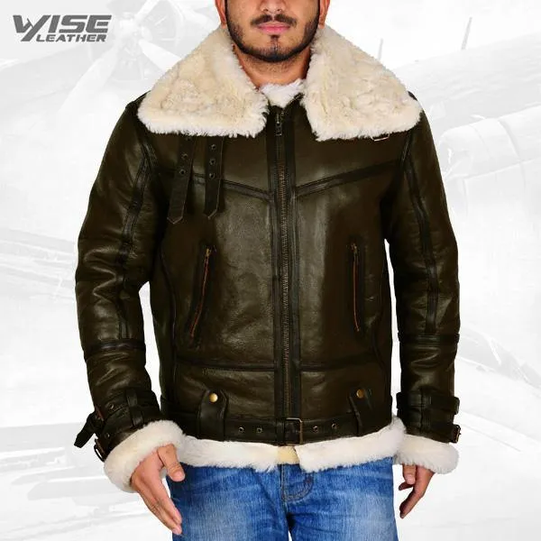 Army Green Men B3 Bomber Shearling Leather Jacket