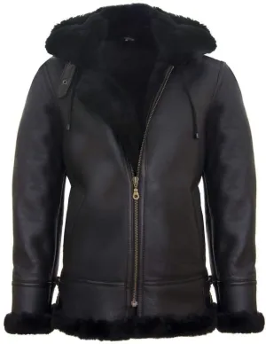 B3 Sheepskin Jacket with Detachable Hood in Black