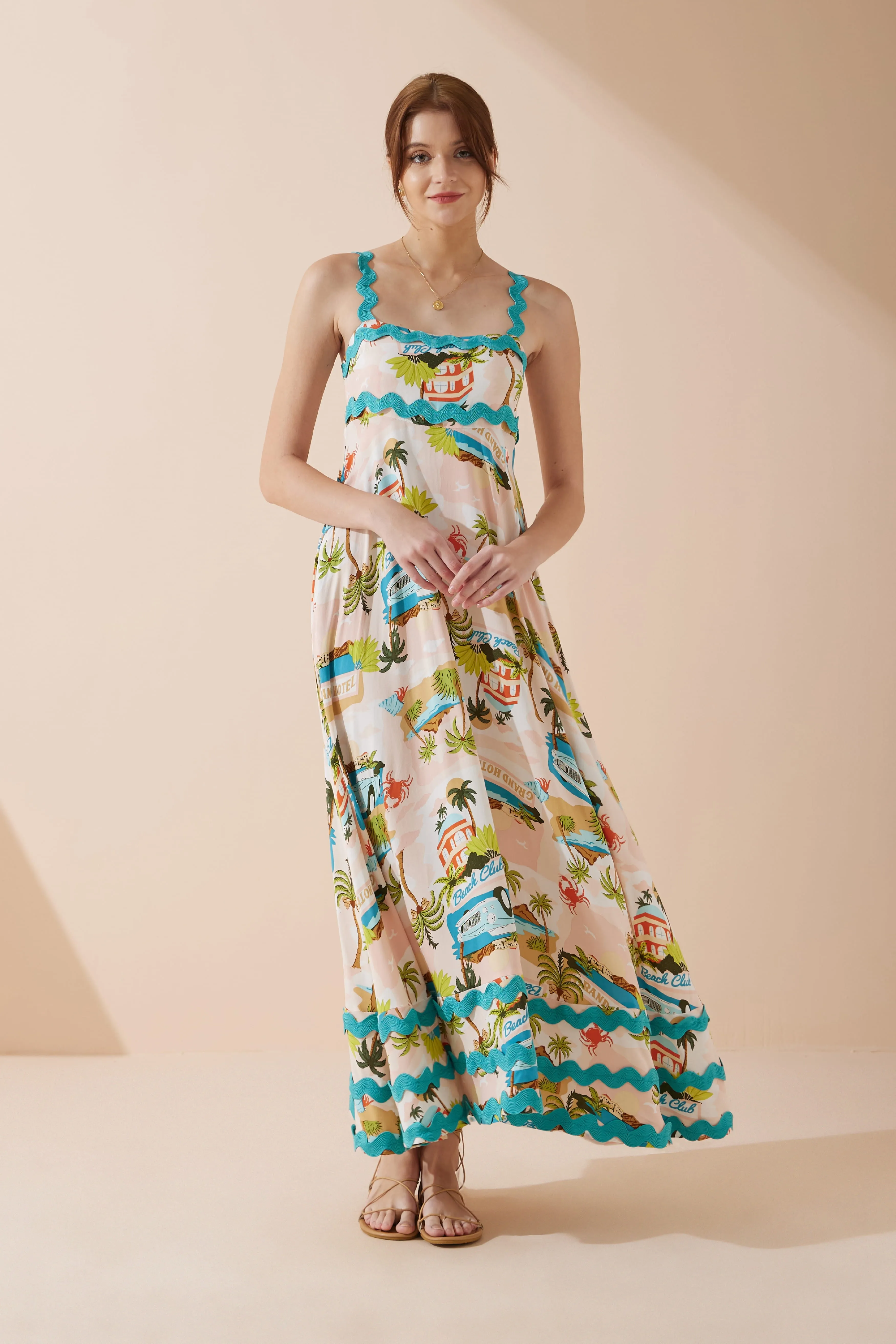 Beach Club Pink Abstract Ric Rac Maxi Dress