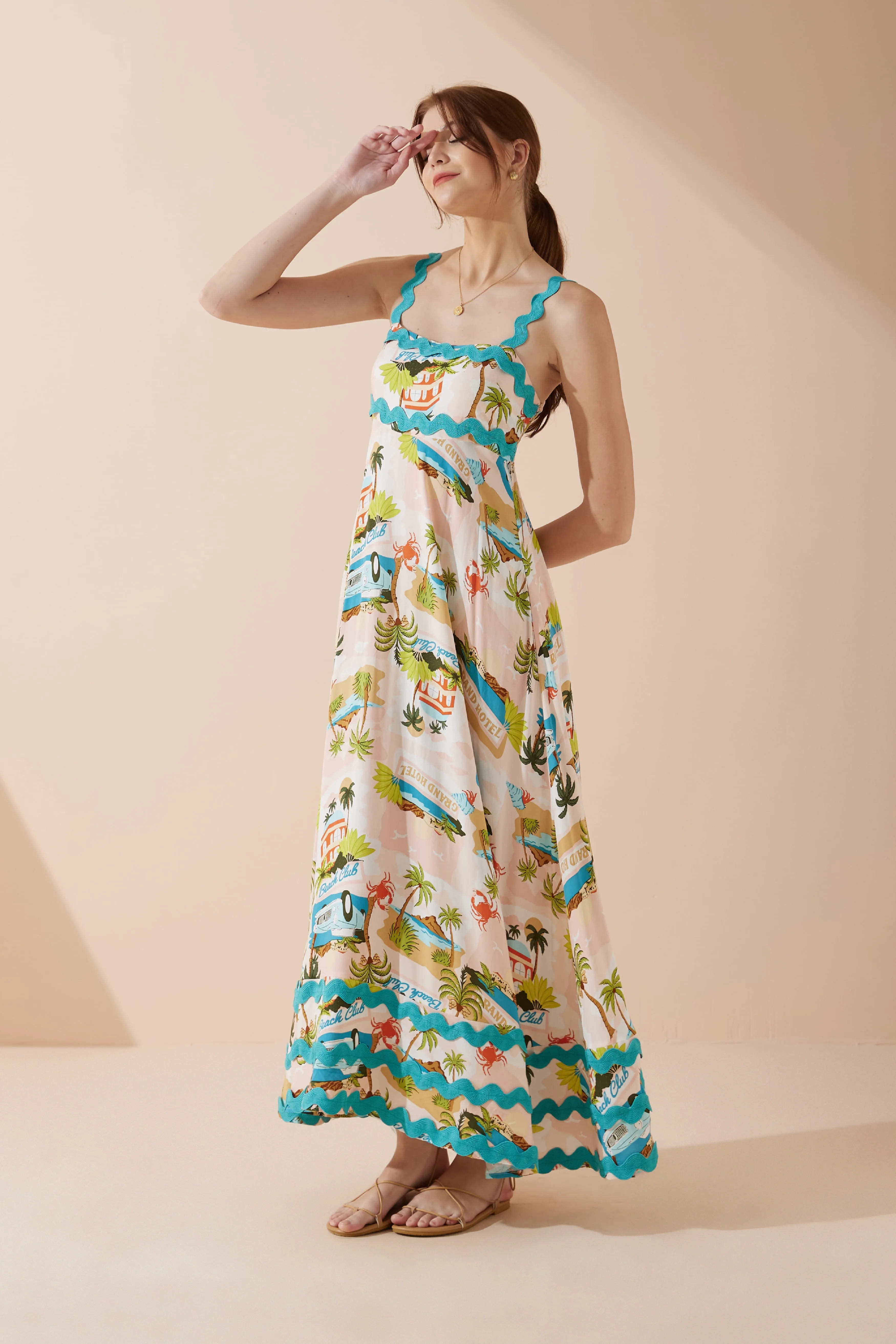 Beach Club Pink Abstract Ric Rac Maxi Dress