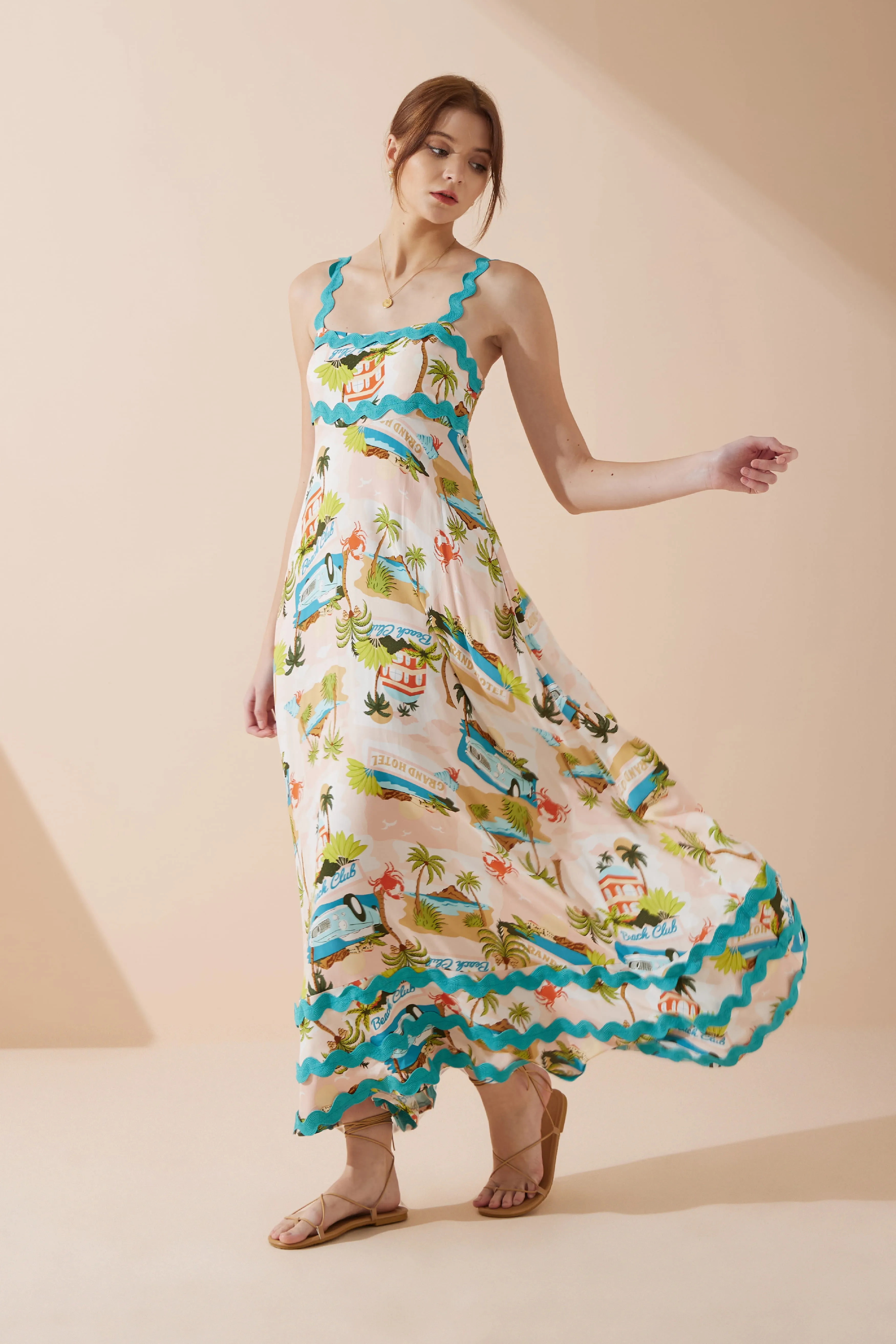 Beach Club Pink Abstract Ric Rac Maxi Dress
