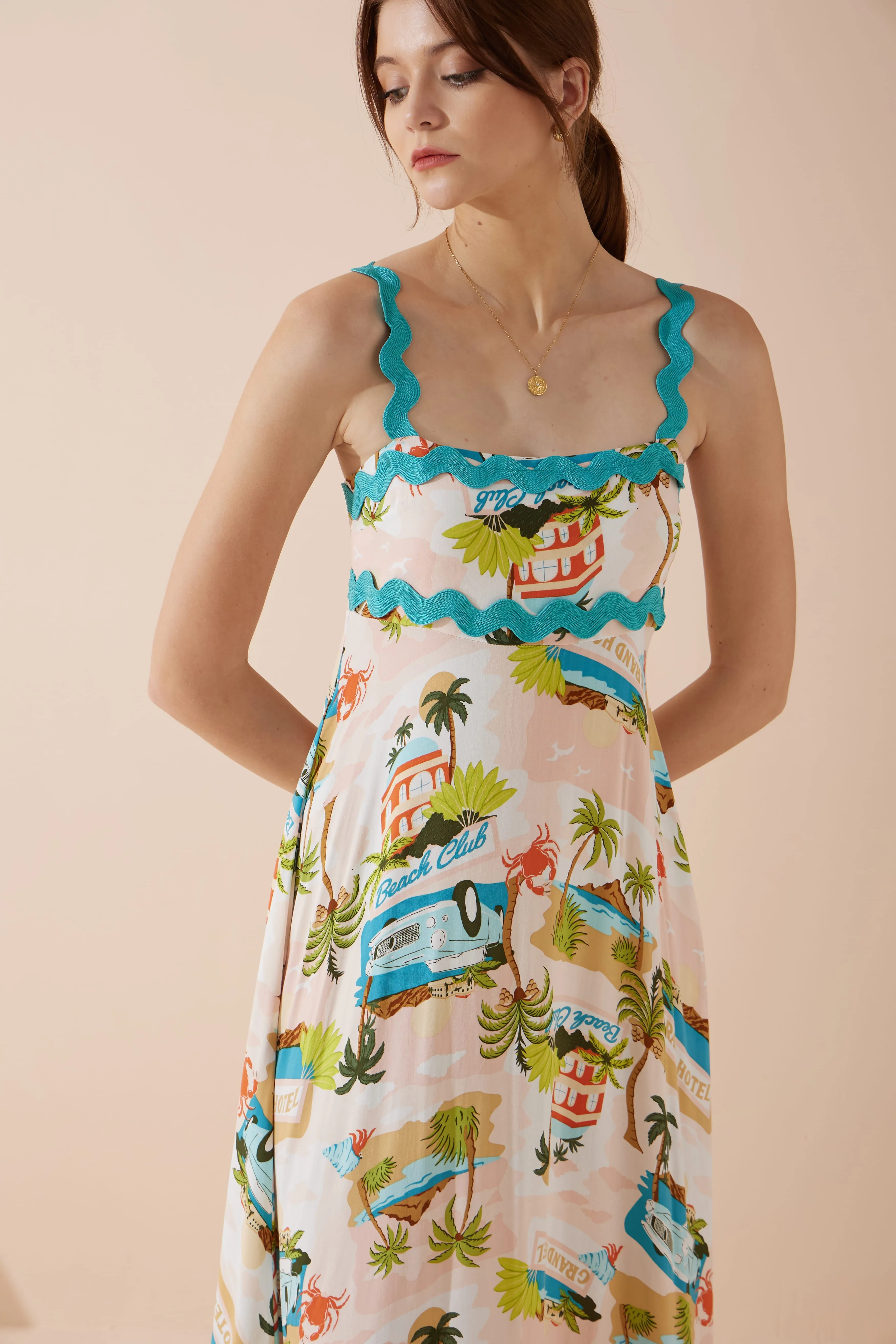 Beach Club Pink Abstract Ric Rac Maxi Dress