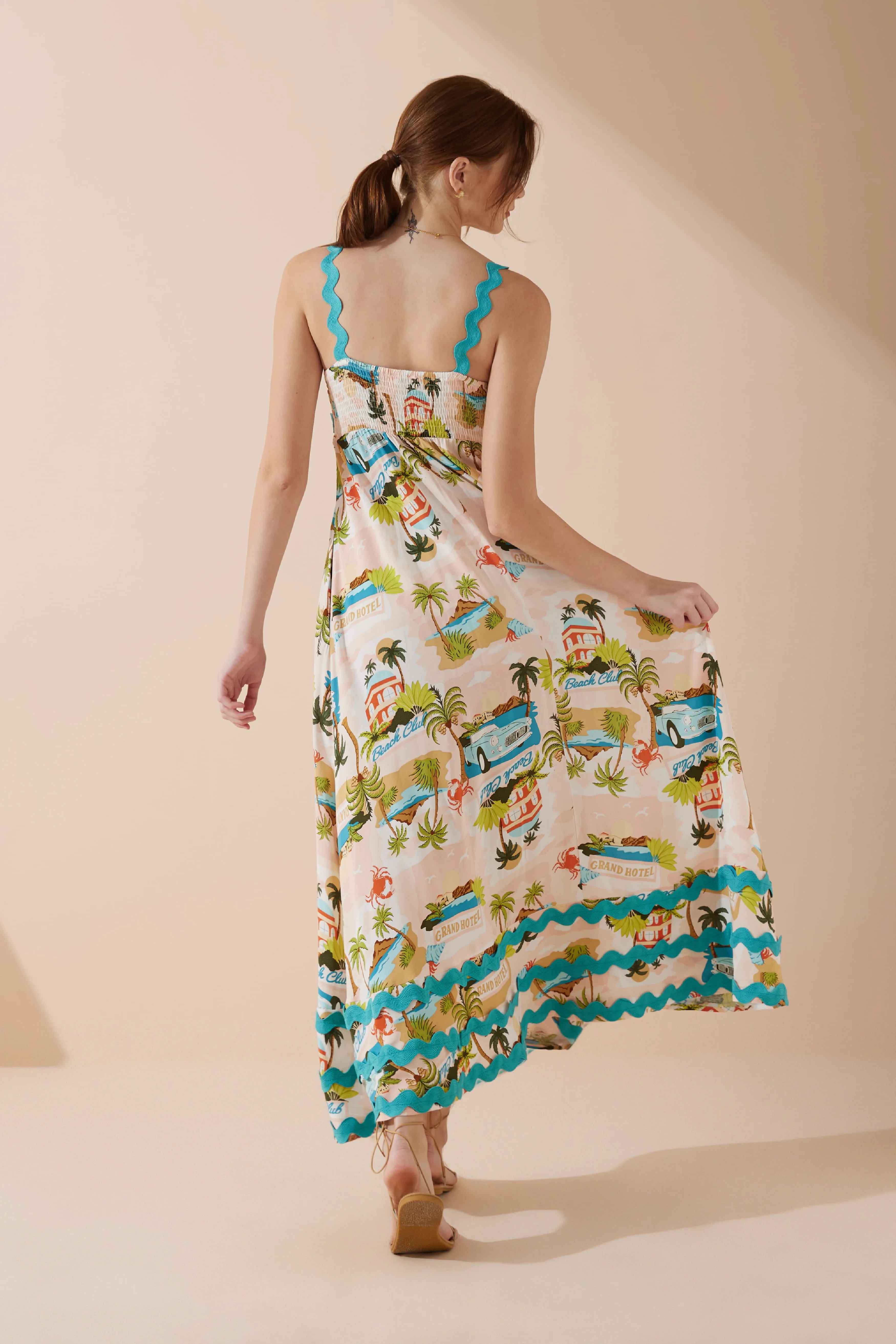 Beach Club Pink Abstract Ric Rac Maxi Dress