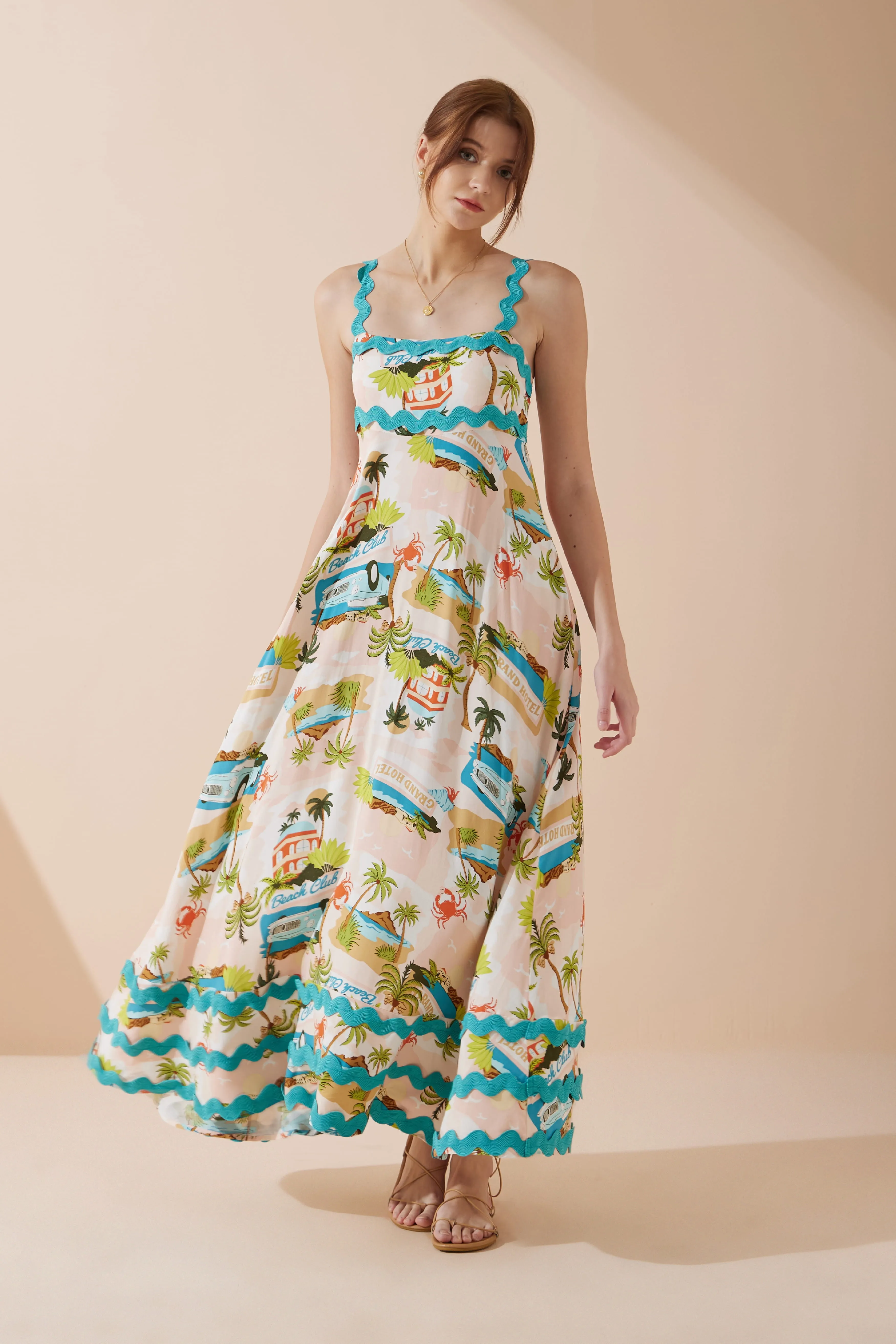 Beach Club Pink Abstract Ric Rac Maxi Dress