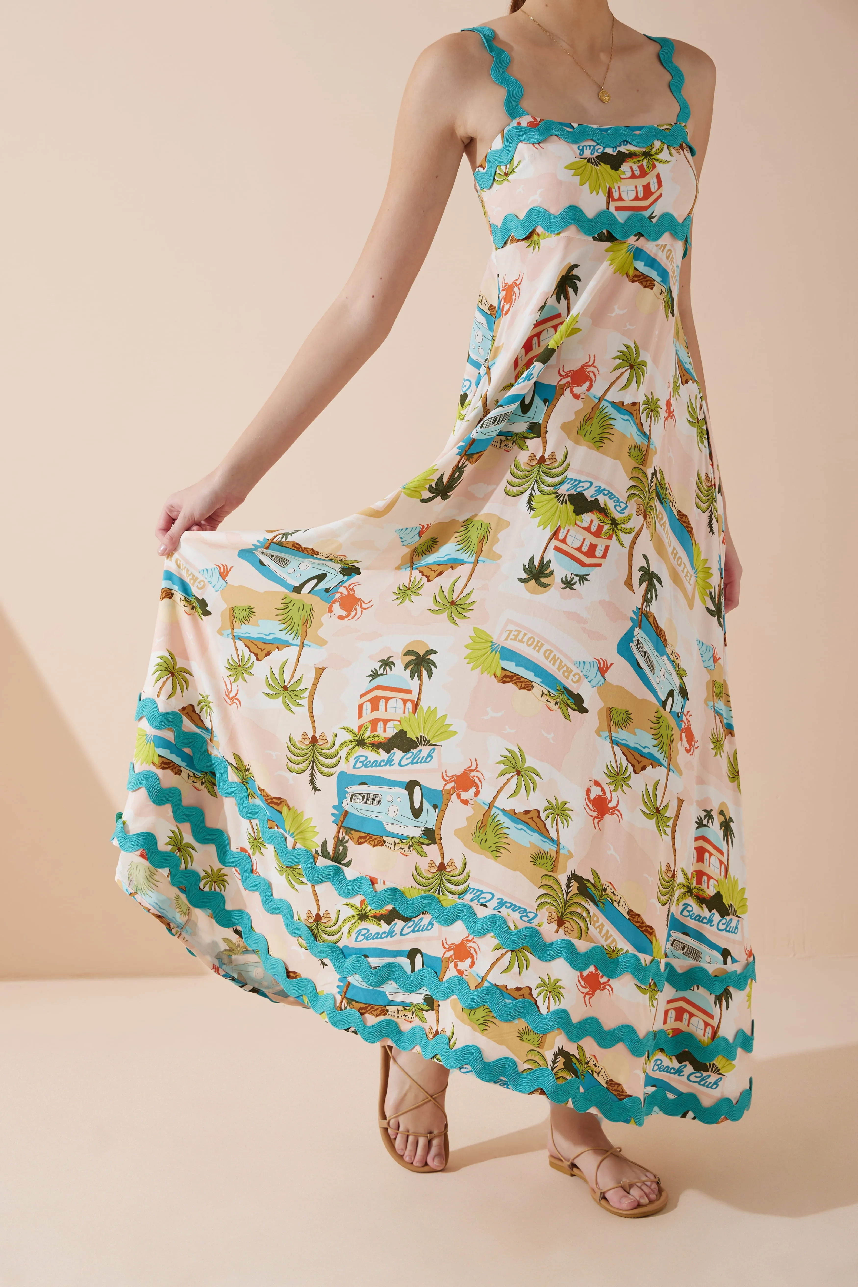 Beach Club Pink Abstract Ric Rac Maxi Dress
