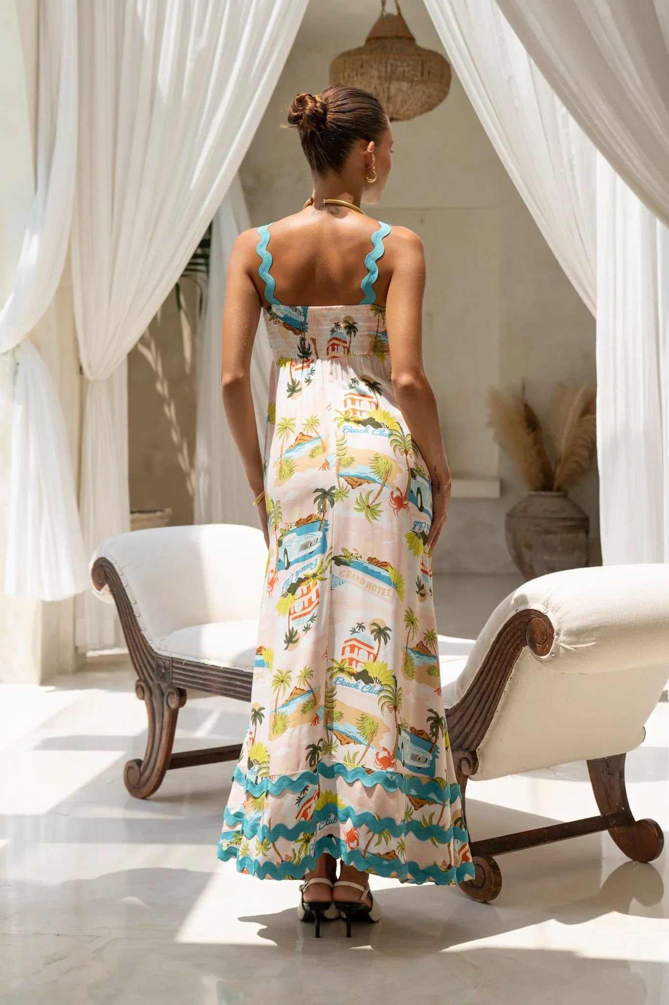 Beach Club Pink Abstract Ric Rac Maxi Dress