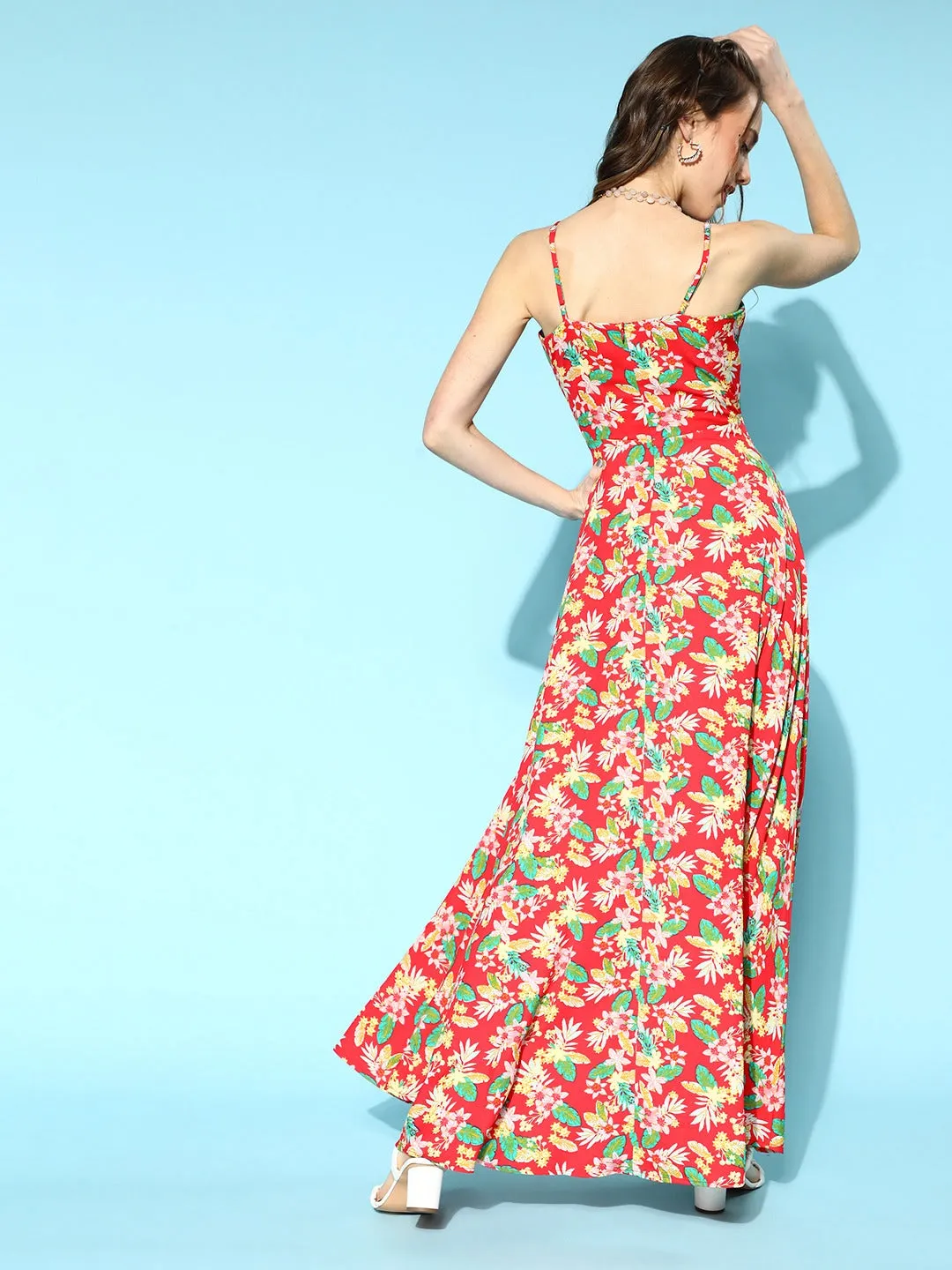 Berrylush Women Coral & Green Floral Printed V-Neck Thigh-High Slit Crepe Flared Maxi Dress
