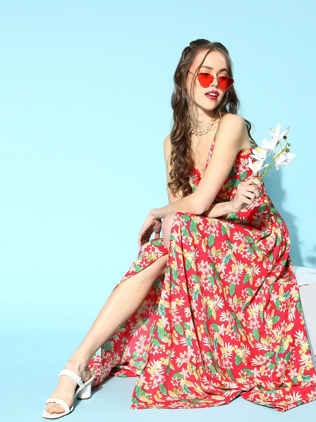 Berrylush Women Coral & Green Floral Printed V-Neck Thigh-High Slit Crepe Flared Maxi Dress