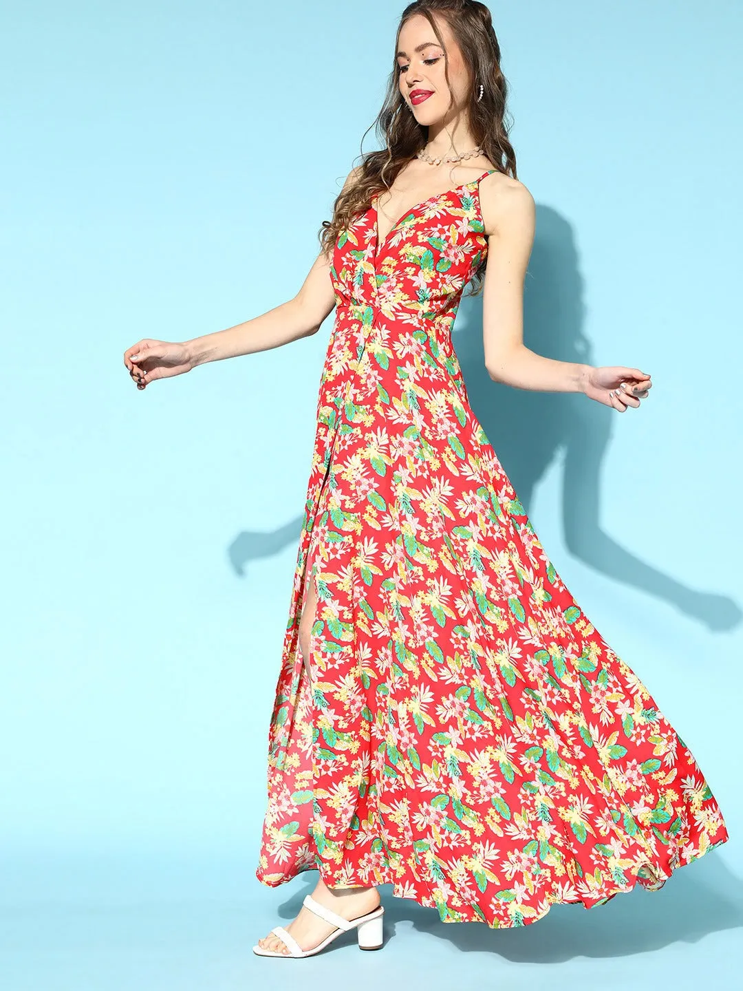 Berrylush Women Coral & Green Floral Printed V-Neck Thigh-High Slit Crepe Flared Maxi Dress