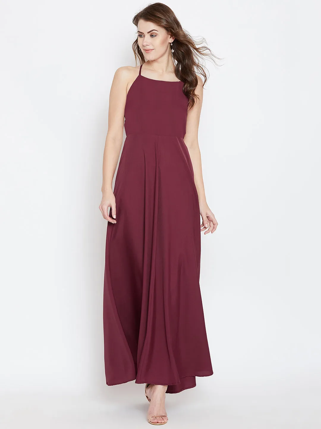 Berrylush Women Solid Maroon Square Neck Tie-Up Caged Back Flared Maxi Dress