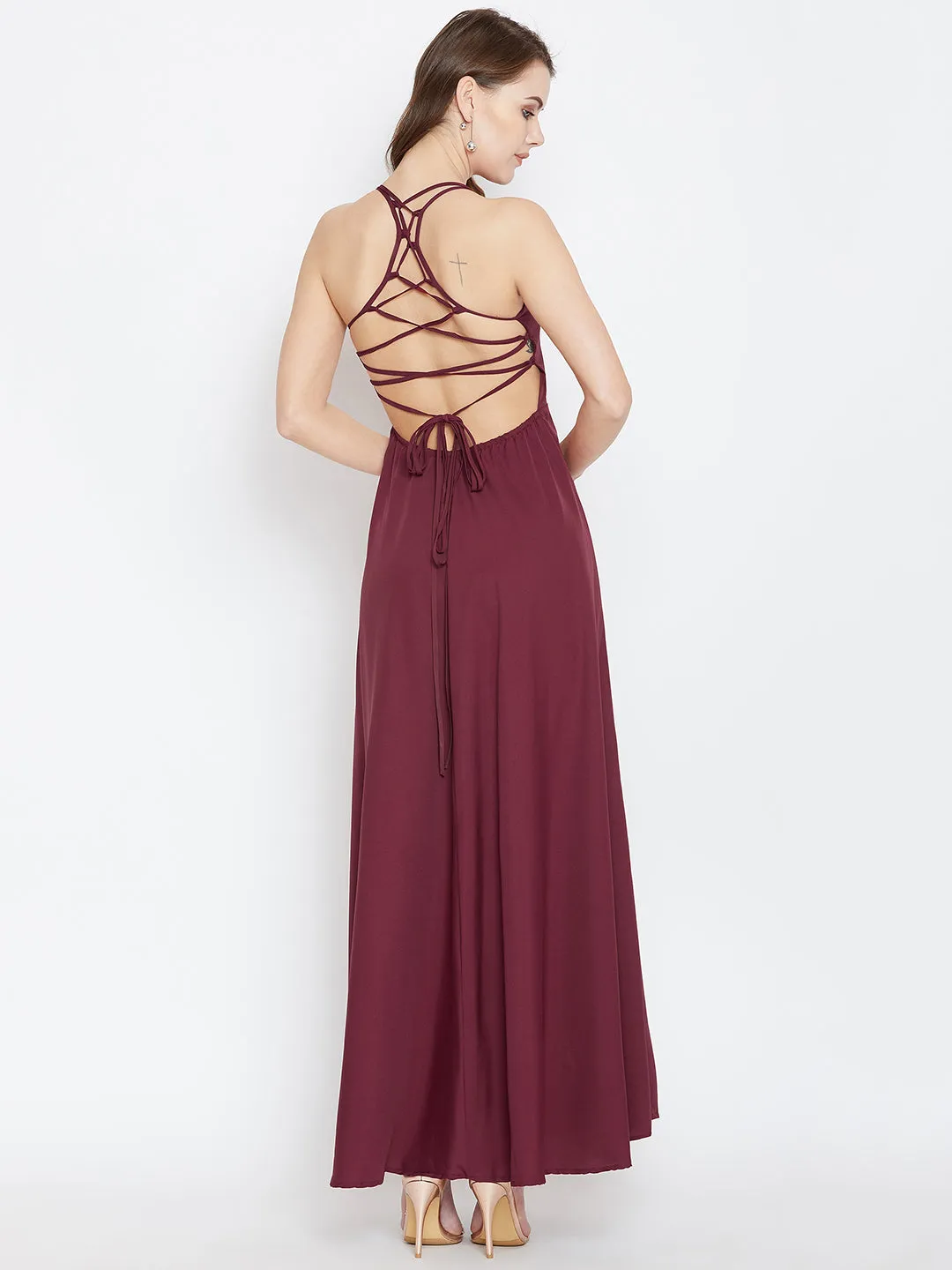 Berrylush Women Solid Maroon Square Neck Tie-Up Caged Back Flared Maxi Dress