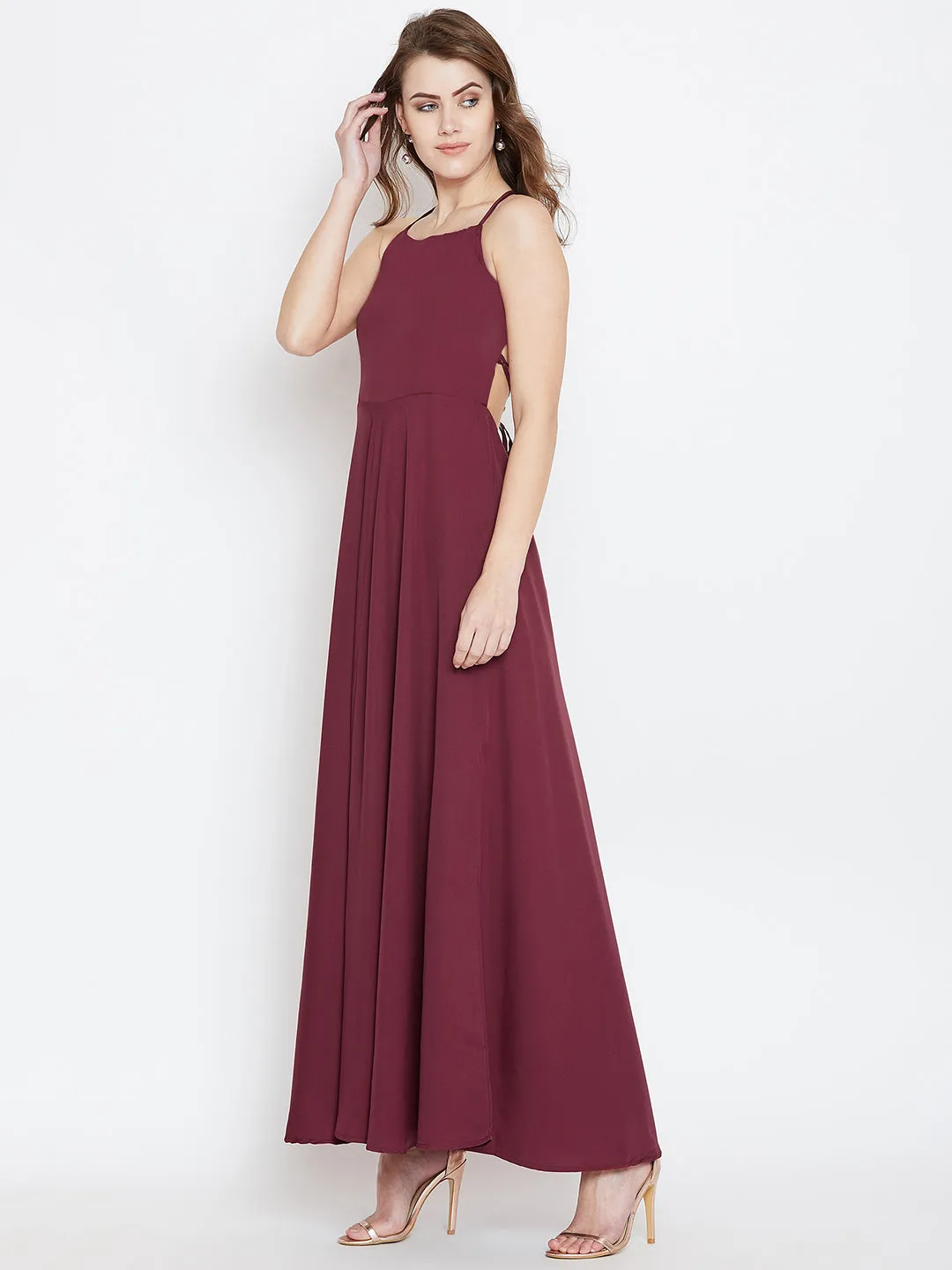 Berrylush Women Solid Maroon Square Neck Tie-Up Caged Back Flared Maxi Dress