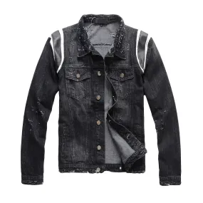 Black Patched Shoulder Simple Distressed Style Men Denim Jacket
