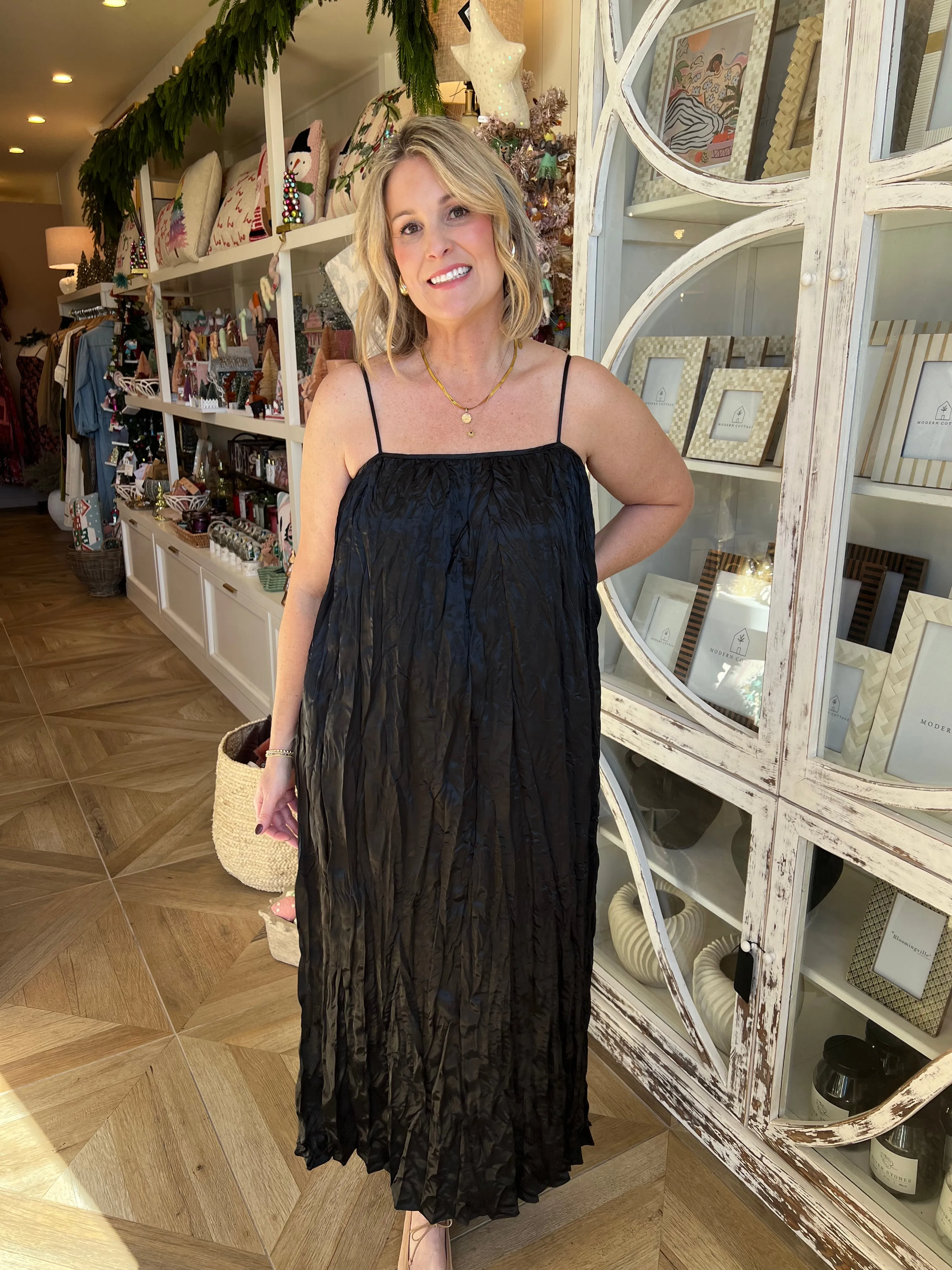 Black Satin Pleated Spaghetti Dress