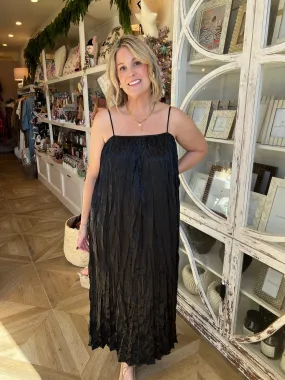 Black Satin Pleated Spaghetti Dress