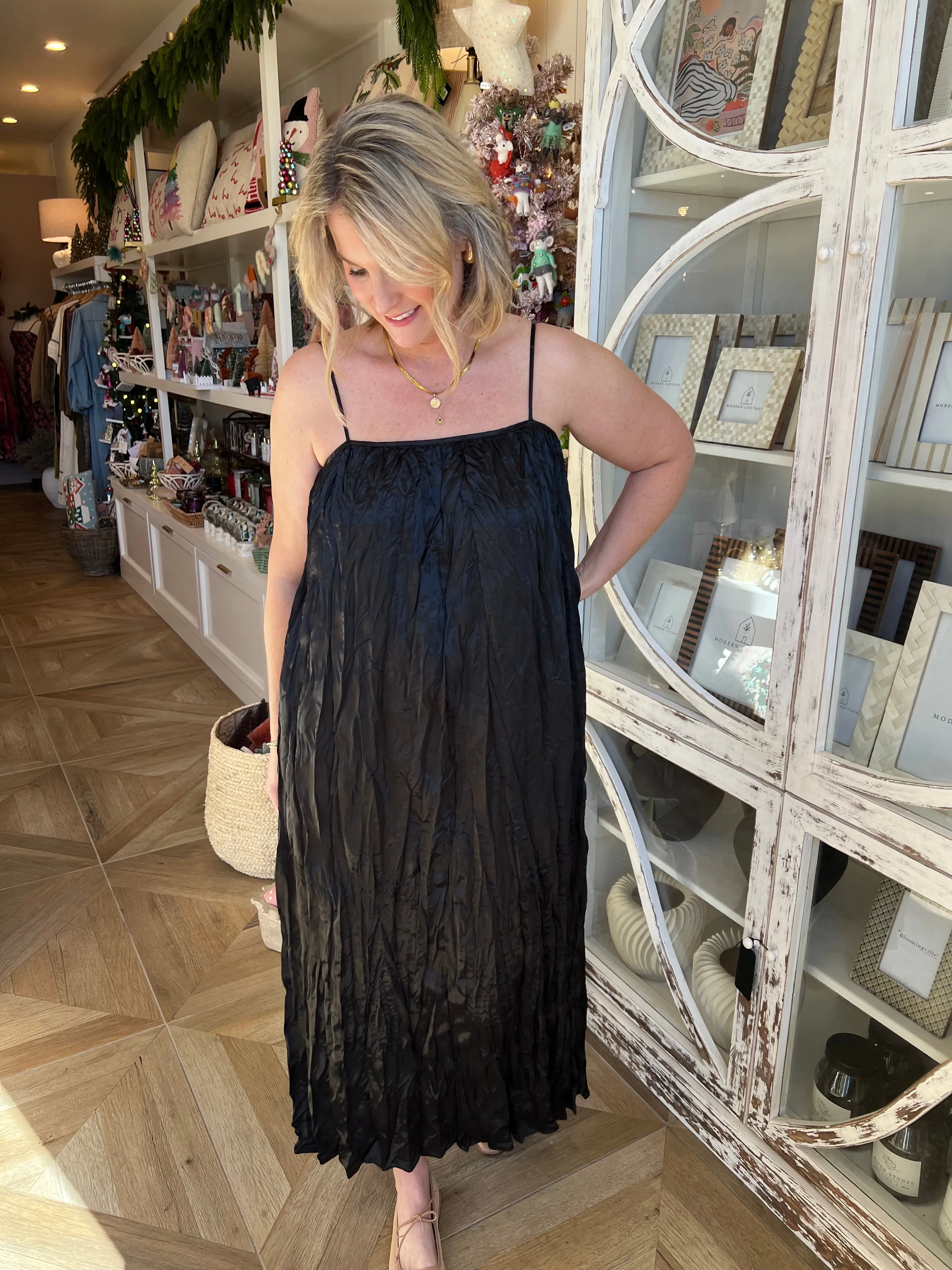 Black Satin Pleated Spaghetti Dress