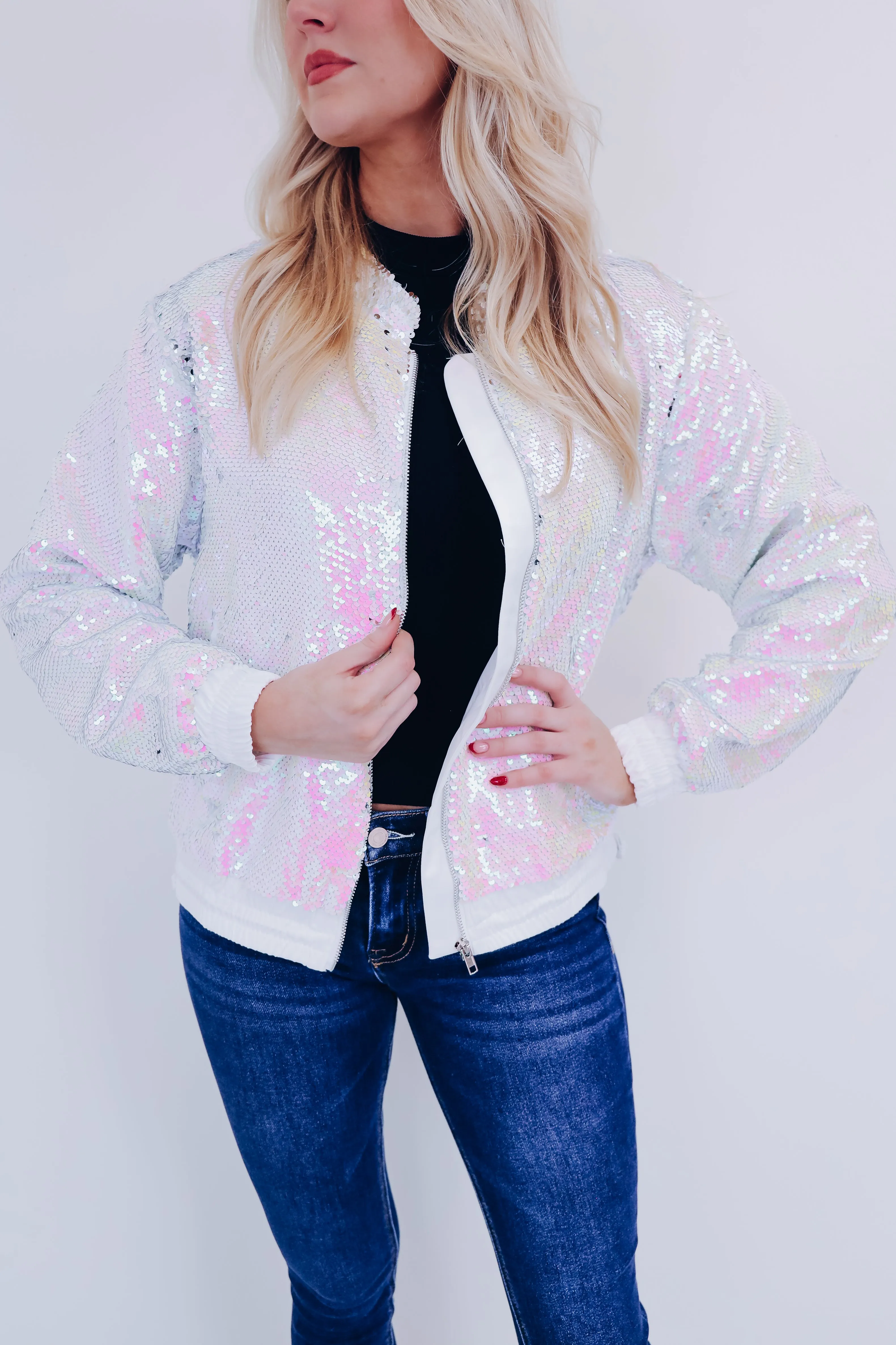 Brinkley Sequin Bomber Jacket - White/Multi