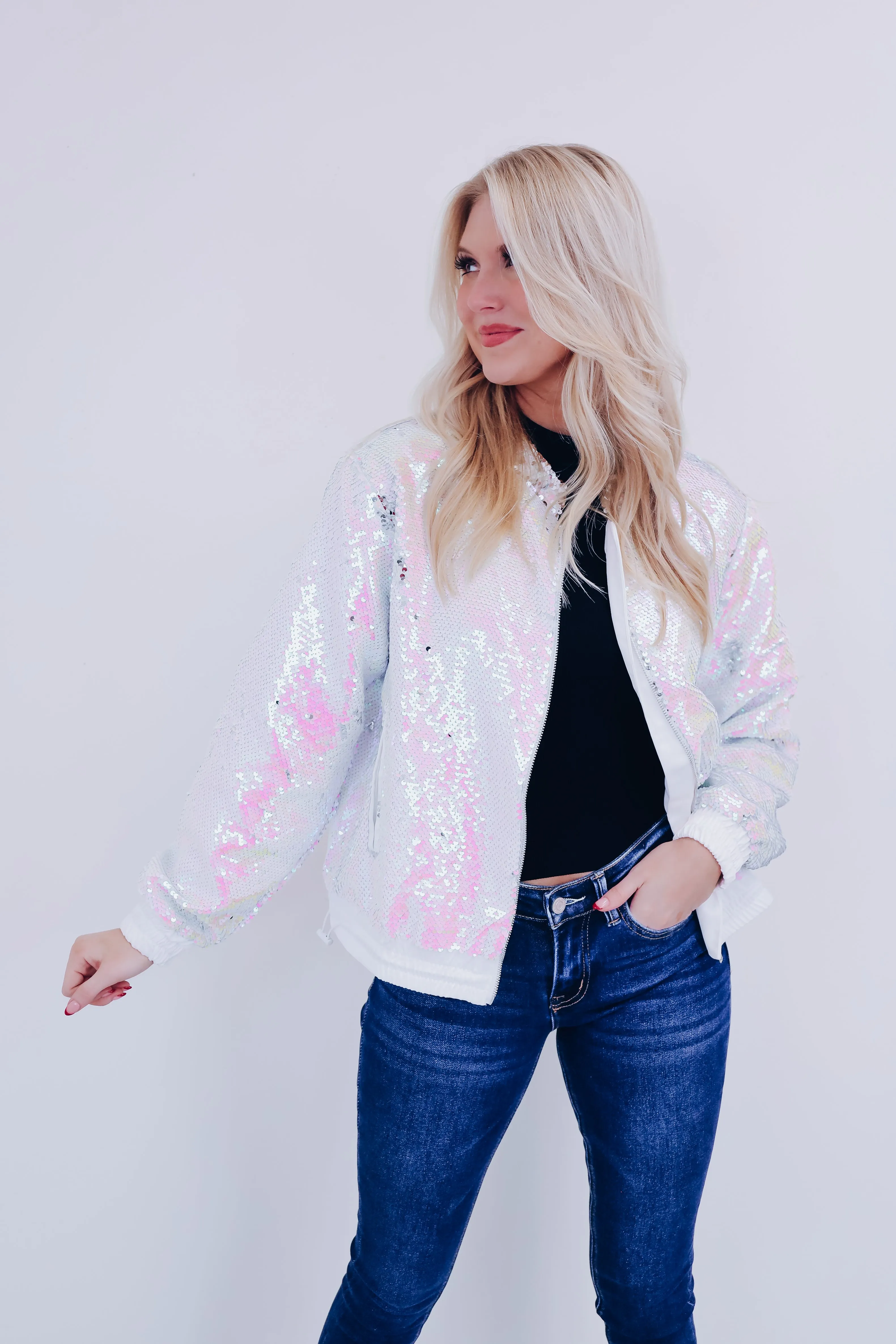 Brinkley Sequin Bomber Jacket - White/Multi