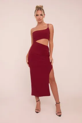 Burgundy One Shoulder Cut Out Midi Dress - Antonia