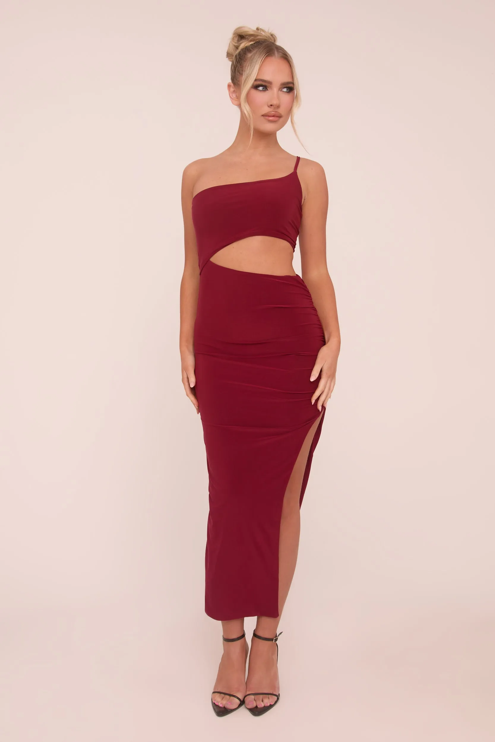 Burgundy One Shoulder Cut Out Midi Dress - Antonia